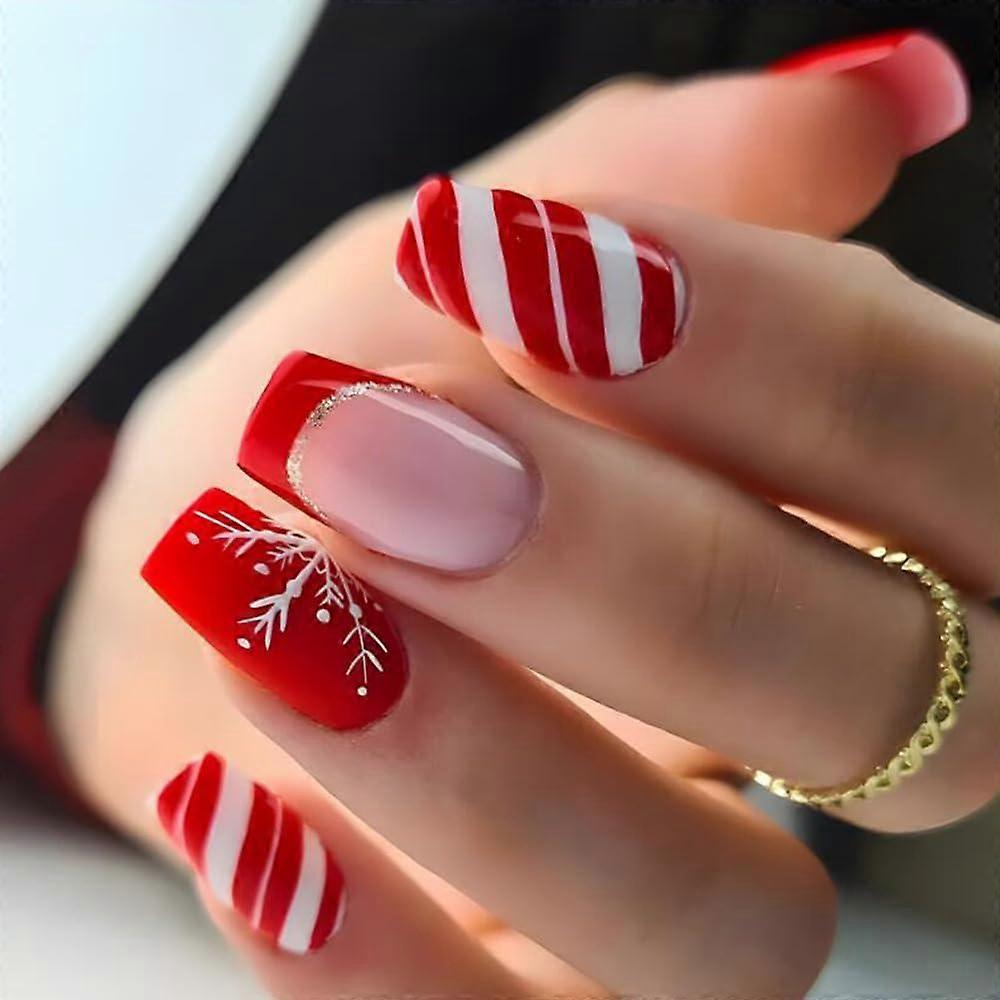Winter Press on Nails Medium, Red Square Fake Nails With Snowflake Stripe Pattern Design French Tip Acrylic False Nails Cute Glossy Stick on Nails 24