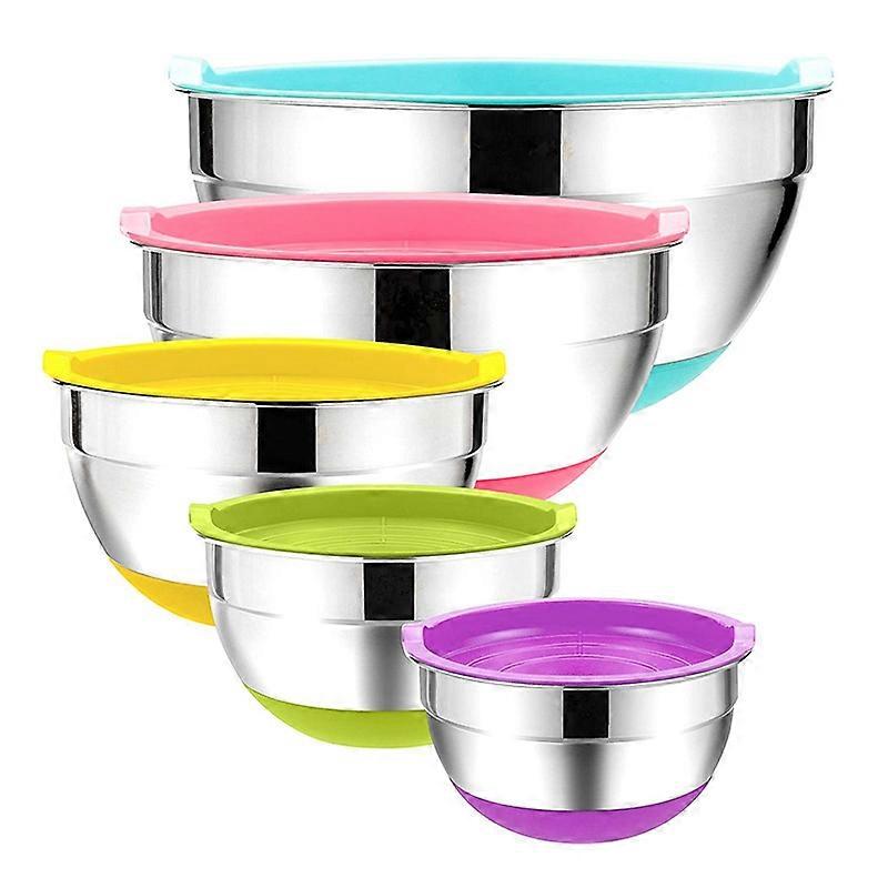 5Pcs Stainless Steel Mixing Bowls 18-26cm Diameter Metal Nesting Bowls with Colorful Airtight Lids