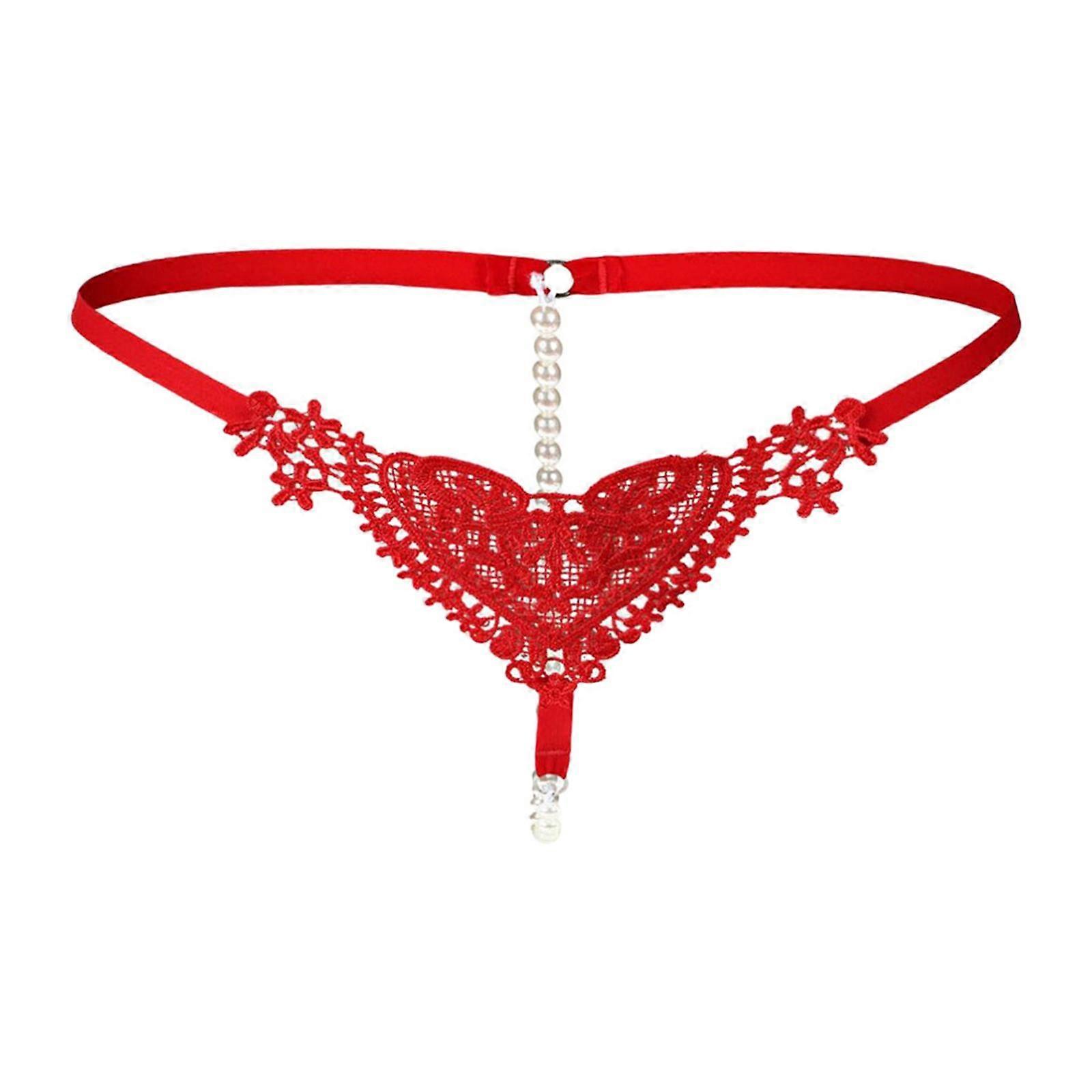 Femmes Mince Dentelle Perles Évidé Sexy String G-String Culotte Rouge