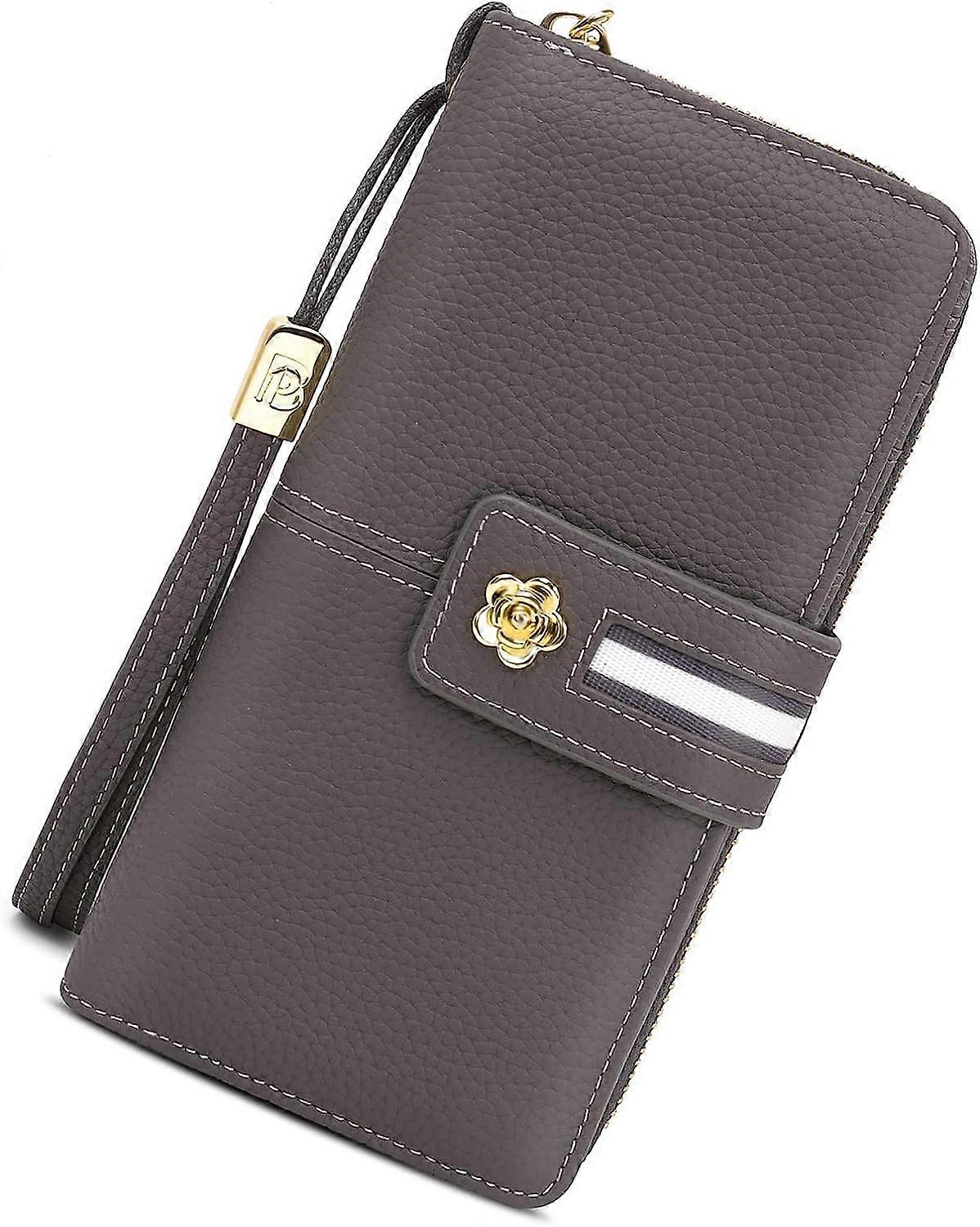 Elegante e Prática Carteira de Couro Cinza com Botão de Camélia