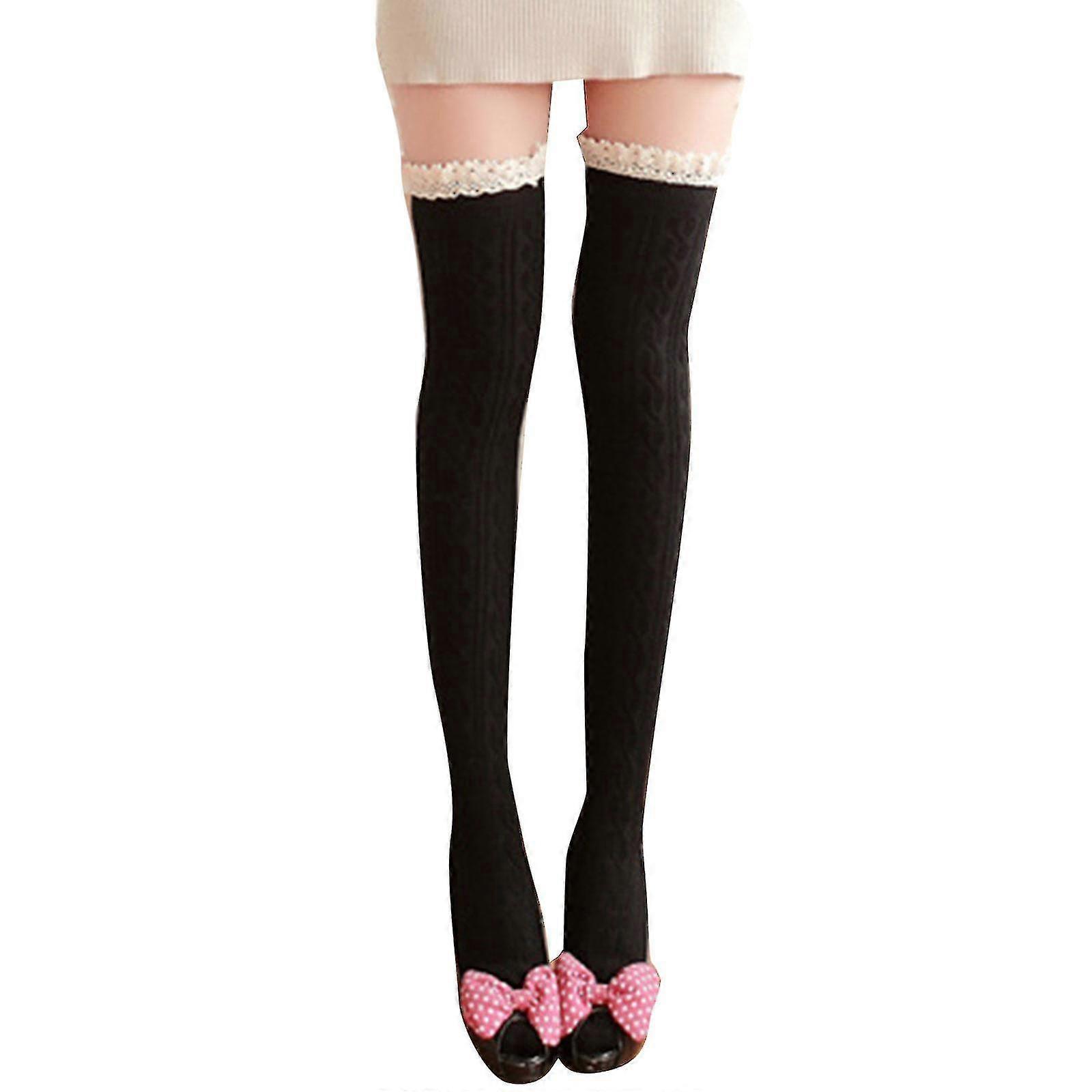 Women Winter Twist Cable Knit Thigh High Stockings With Frilly Ruffled Lace Trim Solid Color Vertical Striped Jacquard Warm Over