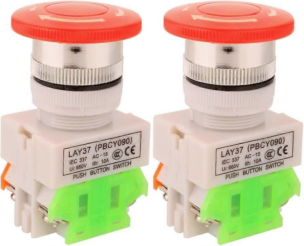 2pcs AC 10A 22mm Emergency Stop Push Button NO/NC Red Mushroom Cap