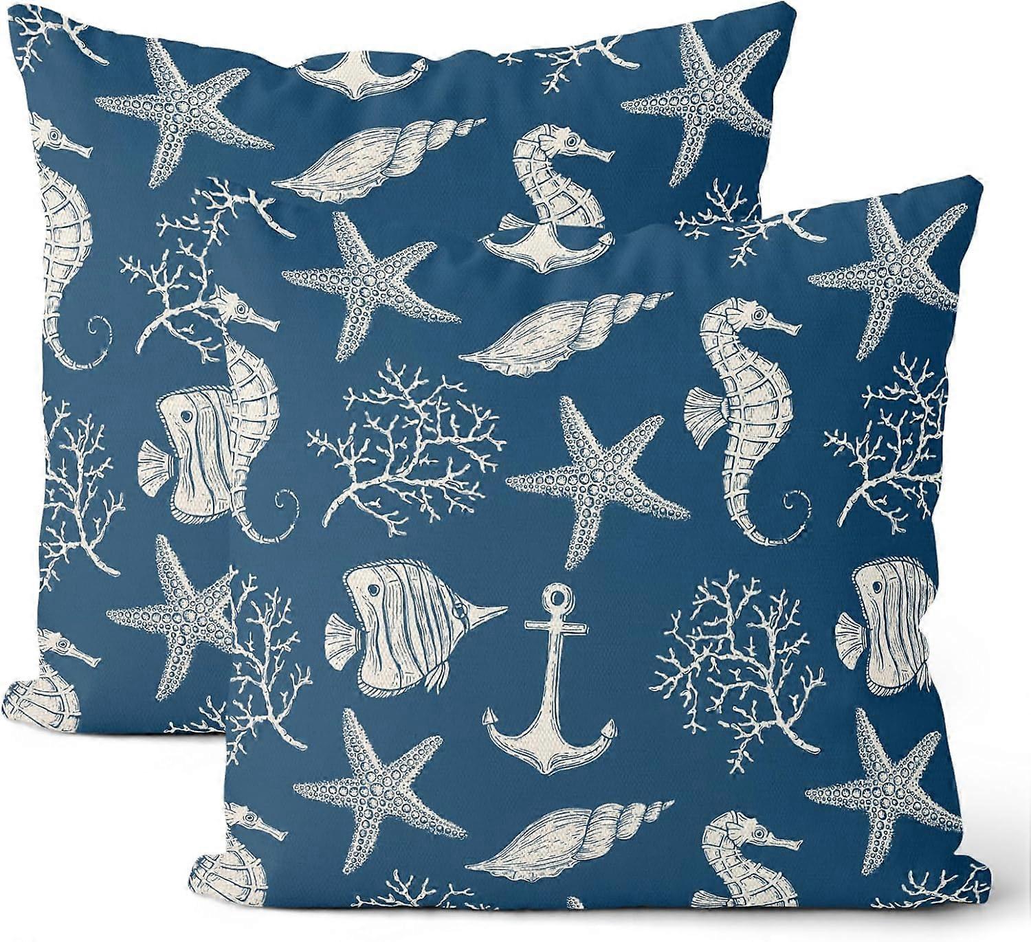 Coastal Pillow Covers 18x18 Set of 2, Blue Ocean Themed Beach Fish Seashell Throw Pillow Covers Nautical Coral Starfish Cushion Case Summer Home decor