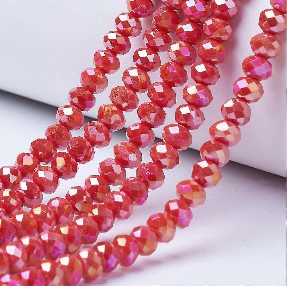 Electroplate Glass Beads Strands Opaque Solid Color AB Color Plated Faceted Rondelle Red 4x3mm Hole: 0.4mm about 113~115pcs/strand 41~42cm