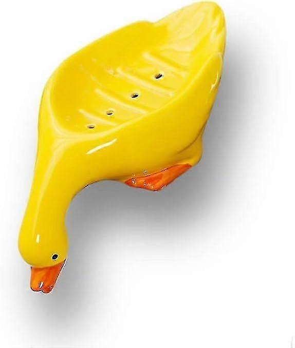 Ceramic Duck Soap Dish Self Drain Soap Tray Duckbill Drain For Sink Top Shower Bathroom Kitchen (yellow)