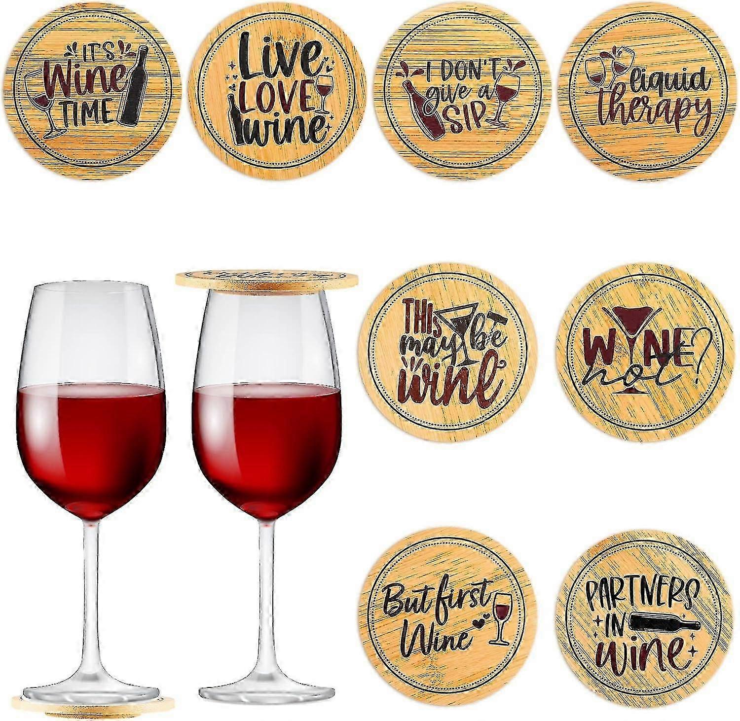 8pcsワイングラスカバー、バグを寄せ付けない面白い木製飲用グラスカバー、デュアルユースバンブーコースターワイングラストッパー、新築祝いのギフト