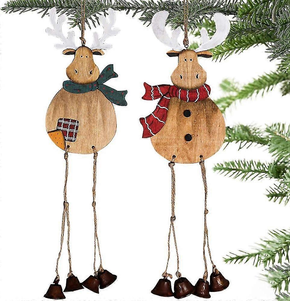 Christmas Tree Ornaments 2 Pack, Large Handmade Wood Reindeer With Burlap Hanging String Jingle Bells For Outdoor Holiday Home Door Decorations, Count