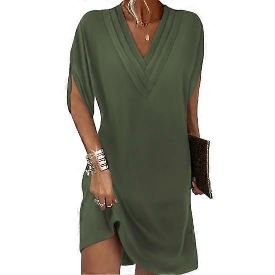 Neck Pleated Half Bat Soft Sleeve Solid Color Loose Above Breathable Commute Knee Mini