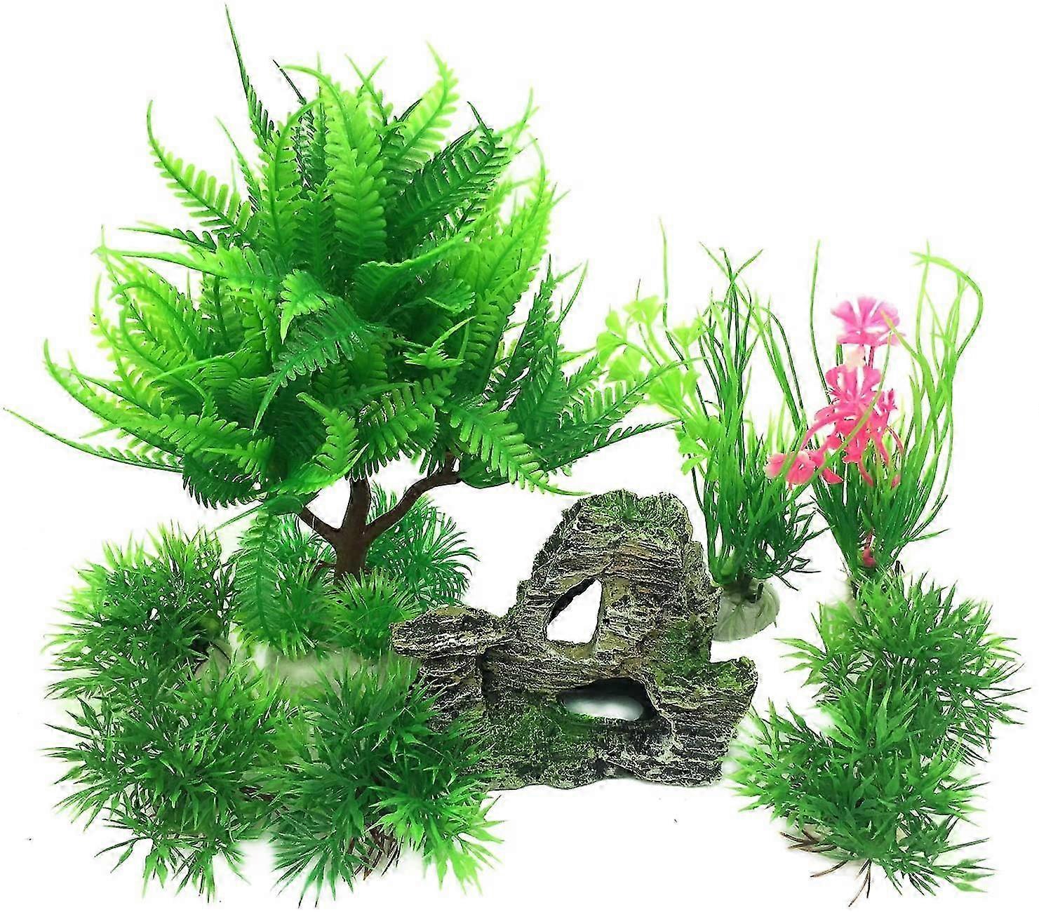 Aquarium Scenery, Artificial Green Tree, Pink Flower, Grass - like Plants and Rock - shaped Ornament Set