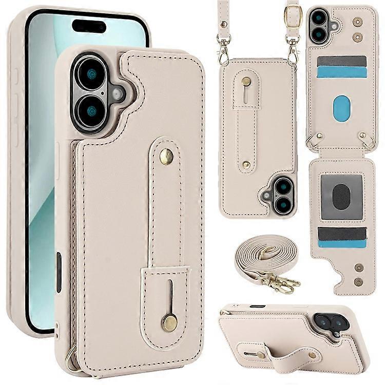 Kompatibel för iPhone 16 Plus Fodral Stativ Kortplatser Läderbelagd TPU Skal Med Axelrem