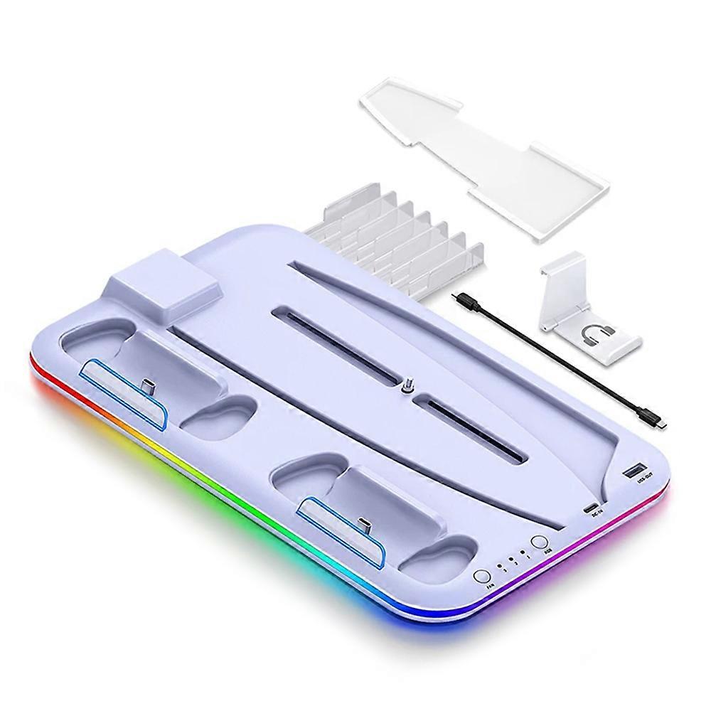For PS5 Cooling Stand with VR2 Controller Charging Dock,Game Disc Storage,and Headset Holder-White