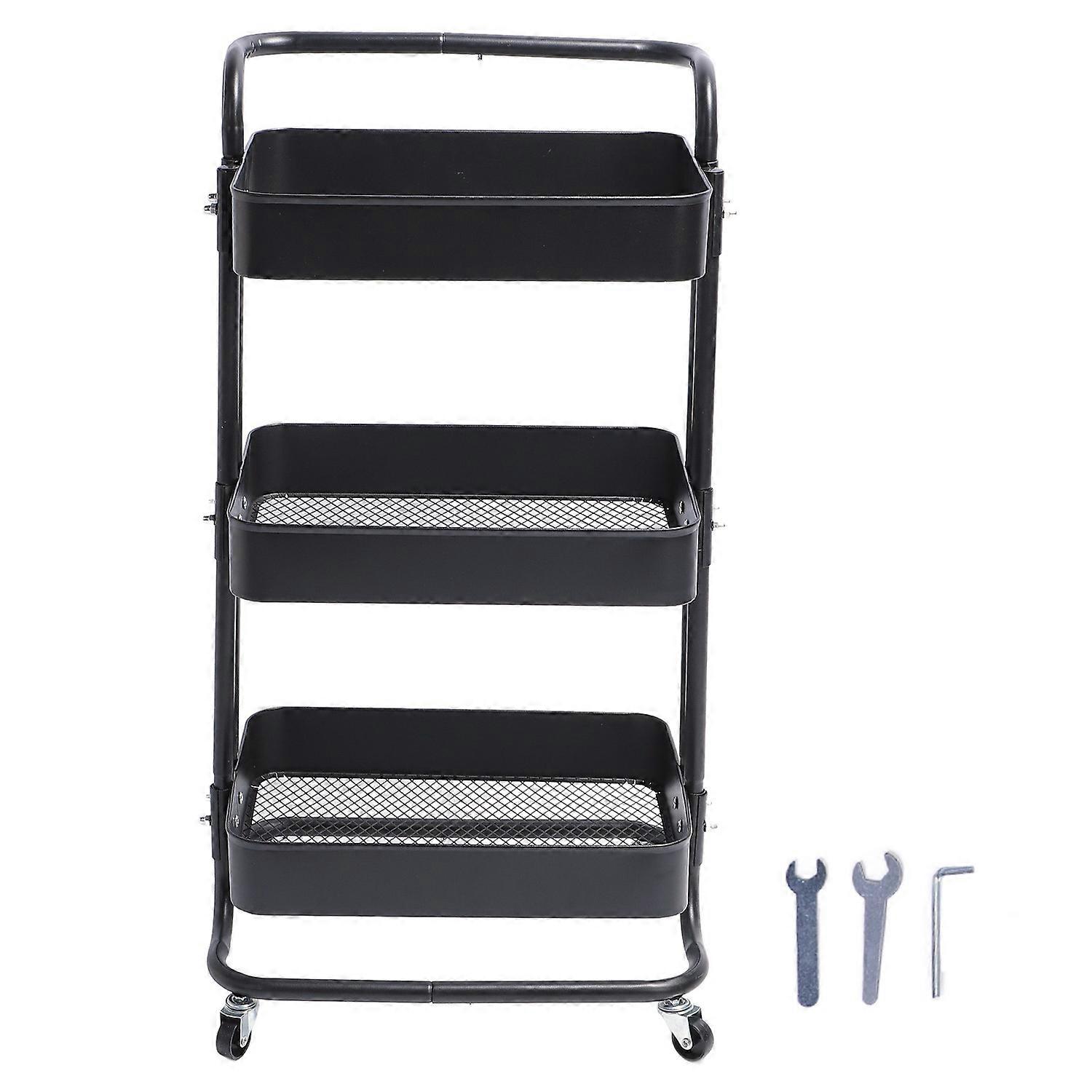 Rolling Utility Cart with 360° Rotating Wheels Handle Carbon Steel High Load Bearing 3 Tier Mesh Bot