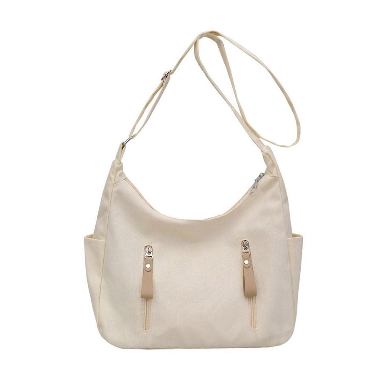 Retro Minimalist Womens Canvas Crossbody Bag Large Capacity Shoulder Bag Solid Handbag for Everyday Use and Outings White