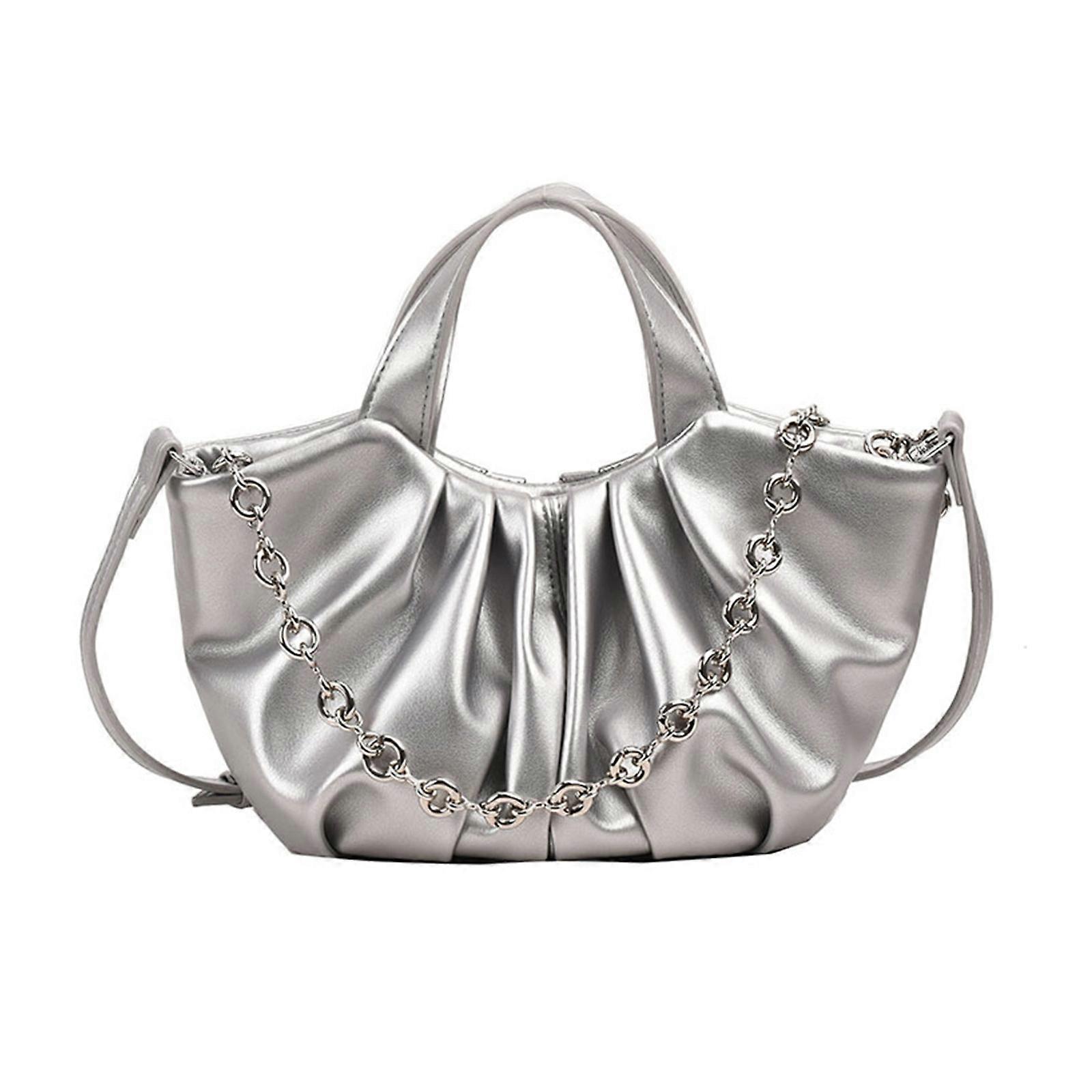 Borse a secchiello in PU Borsa a tracolla pieghettata versatile Borsa a tracolla per donna Ragazza Fashion Trendy Bag Borsa Tote Bag Versatile Argento