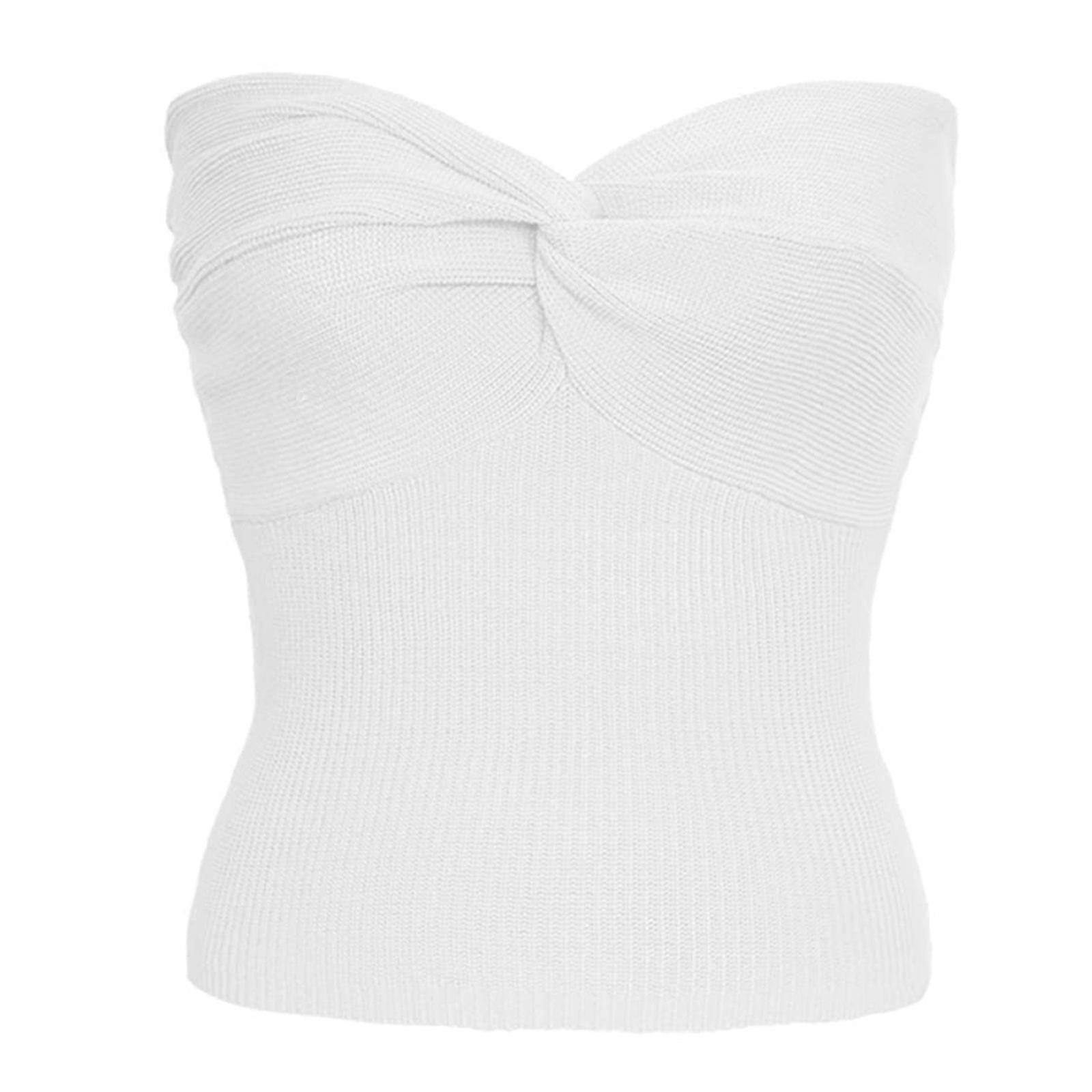 Womens Twist Knot Front Knit Tube Tanks Top Sleeveless Solid Color Strapless Backless Crop Camisole Y2K Tops  White XL