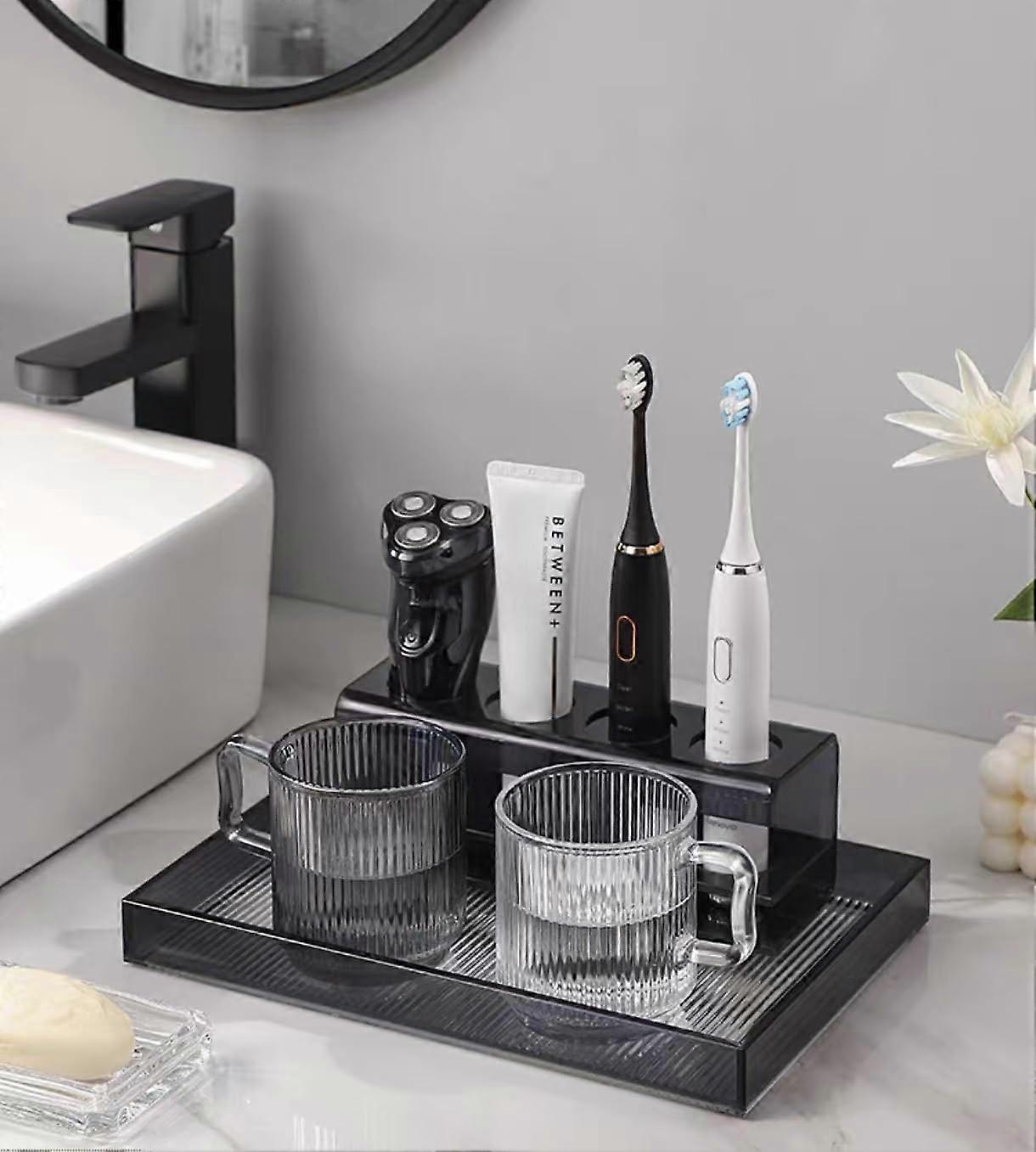 Black Acrylic Toothbrush Holder for Bathroom Countertop, Modern Design, Easy Clean, Stylish Organizer in Black Color