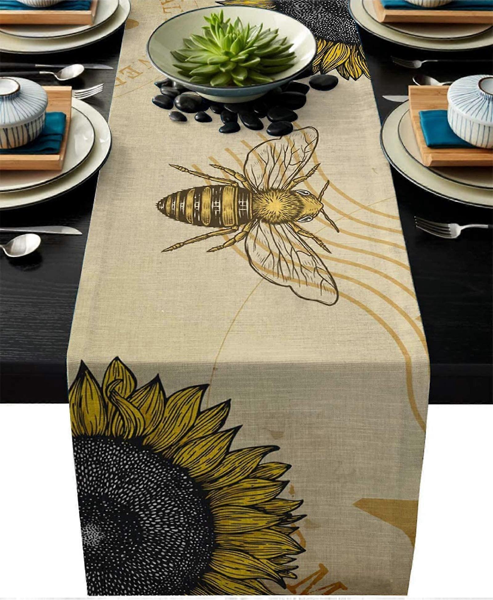 Extra Long Cotton Linen Table Covers Chiffon Sunflower Vintage Bee Rectangular, Yellow (13x120 Inch)