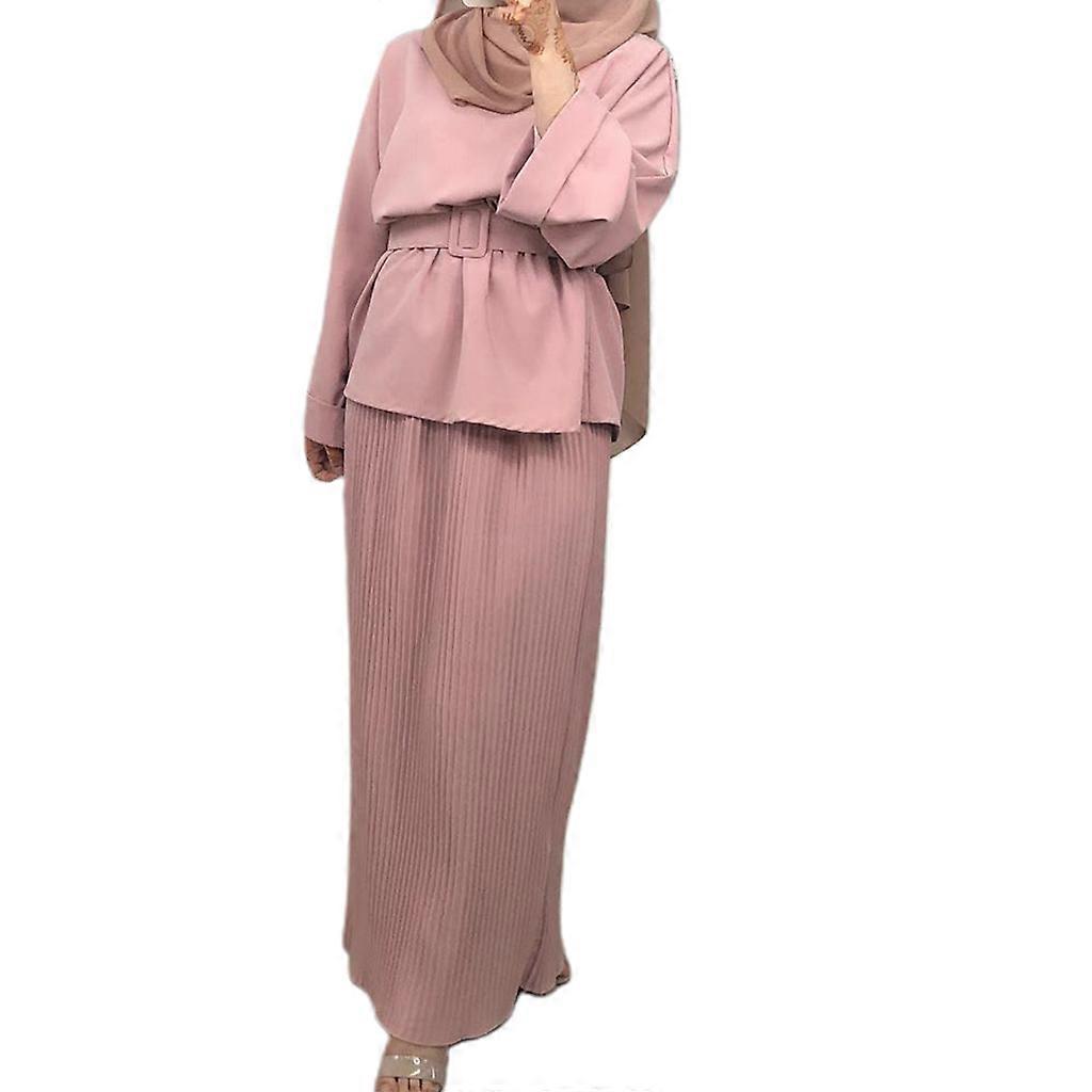 طقم فستان ماكسي مسلم O-Neck دبي تركيا ملابس إسلامية ملايز بلون خالص دانتيل رداء محتشم رمضان رداء محتشم للنساء فتيات وردي XL