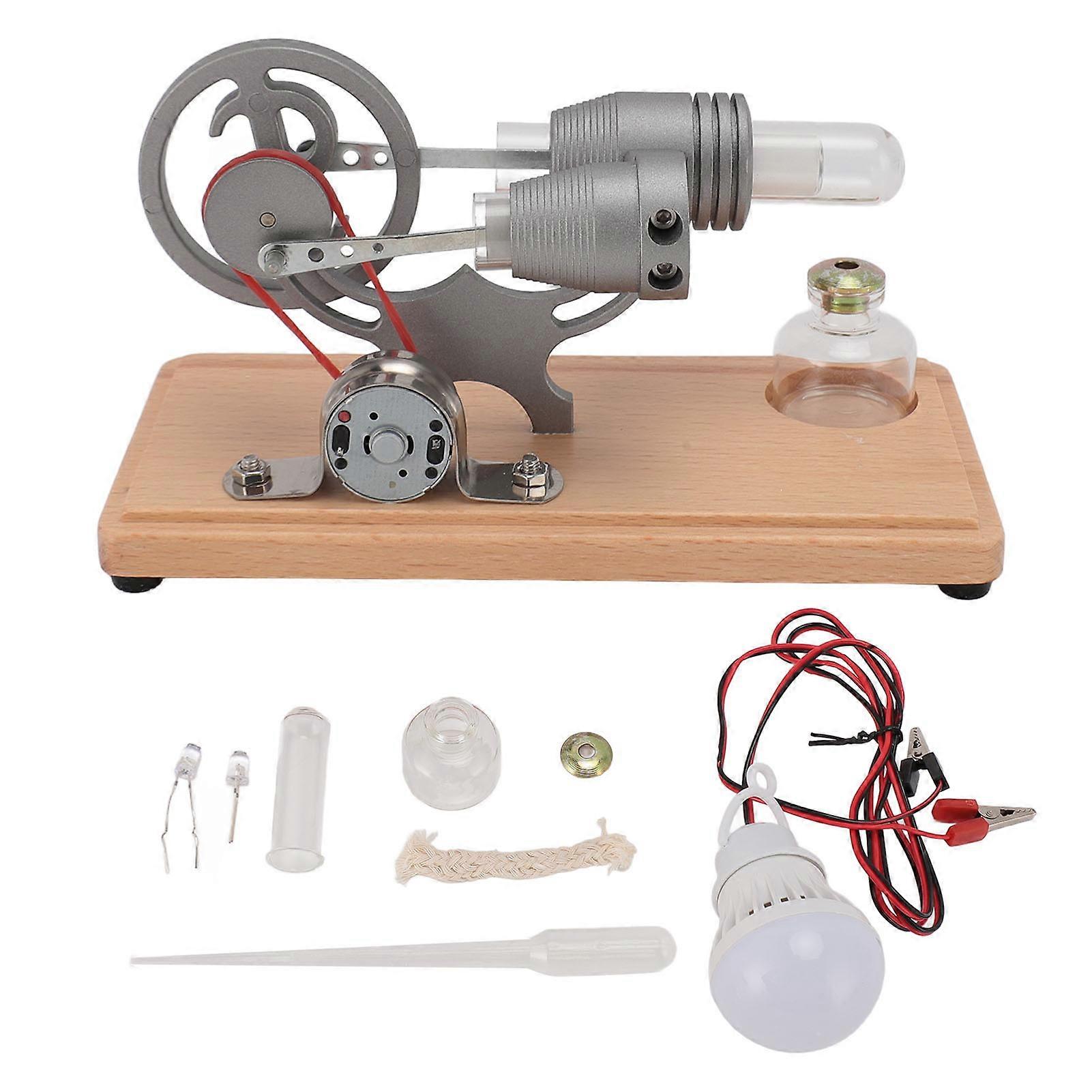 Model Educational Wooden Base Stirling Engine Motor Toy with LED Light for Science Physics Experiment