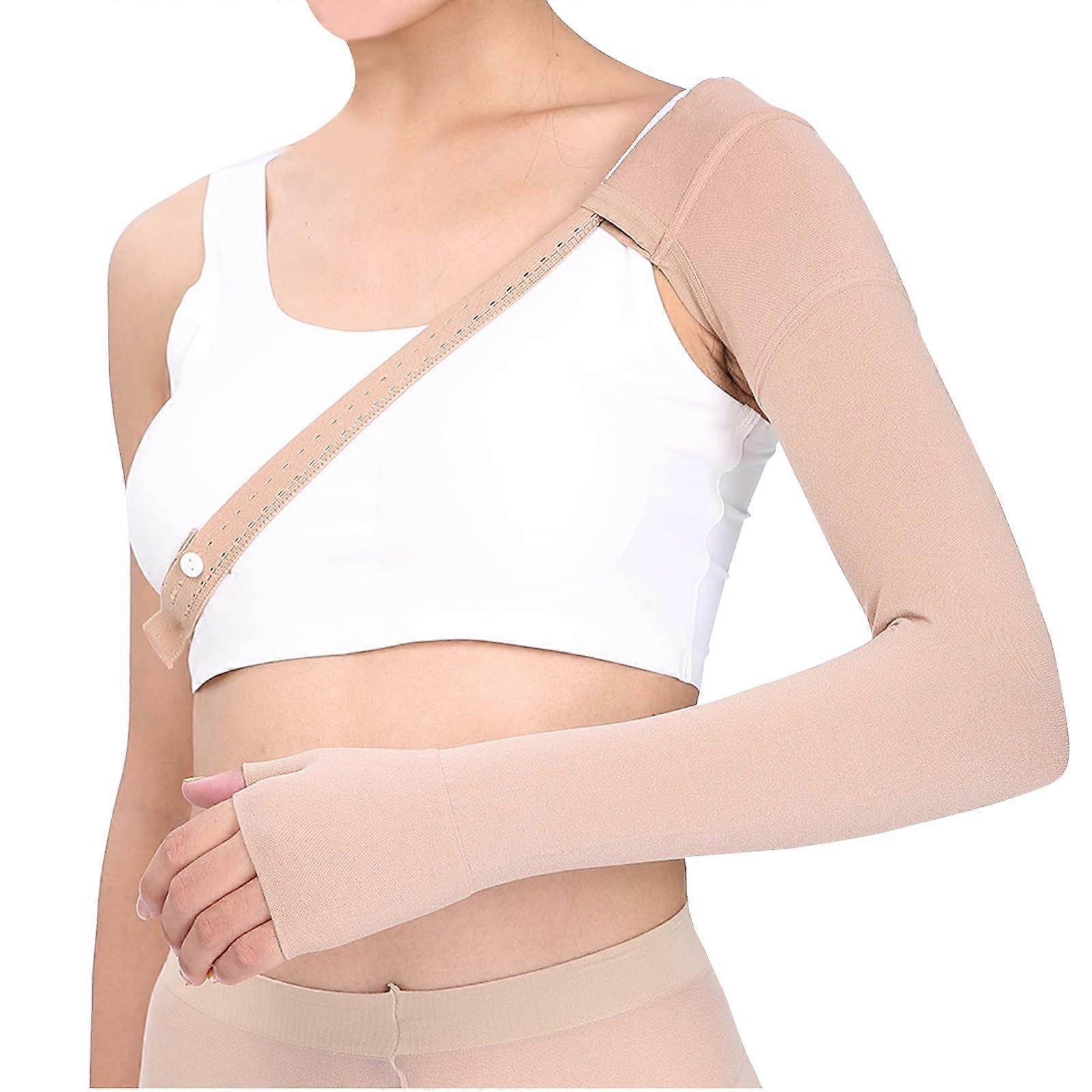 Arm Compression Sleeve with Shoulder Belt, Graduated Compression Arm Brace for Pain Relief, Swelling, Post Surgery Recovery (Beige left, Small)