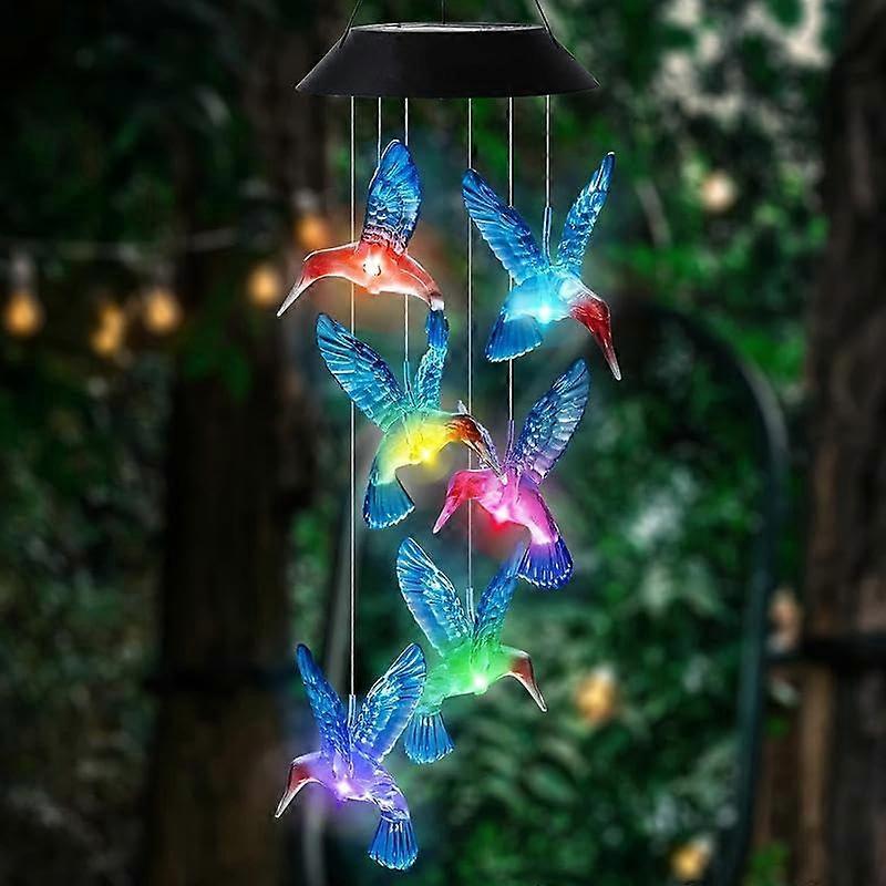 Creative Bird Design Solar Wind Chimes with Color Changing Hummingbird LED Lights for Outdoor Garden Decoration