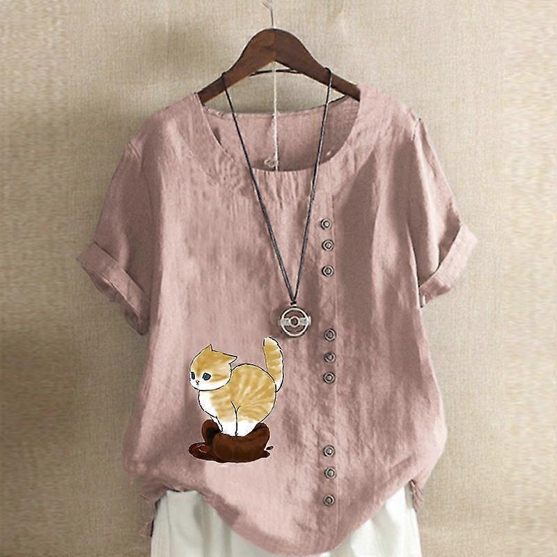 Dame Mote Søt Katt Prined Rund hals Kortermet T-skjorte Fritid Bomull Lin Grafisk skjorte Fritid Løs sommerbluse Topper Store størrelser