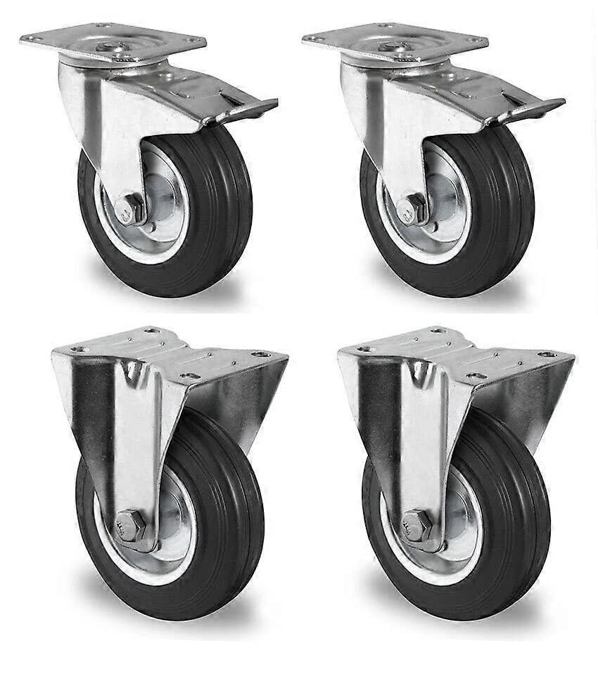 Set of 2 Castors with Lock and 2 Fixed Castors 160 mm Solid Rubber Black with Steel Rim