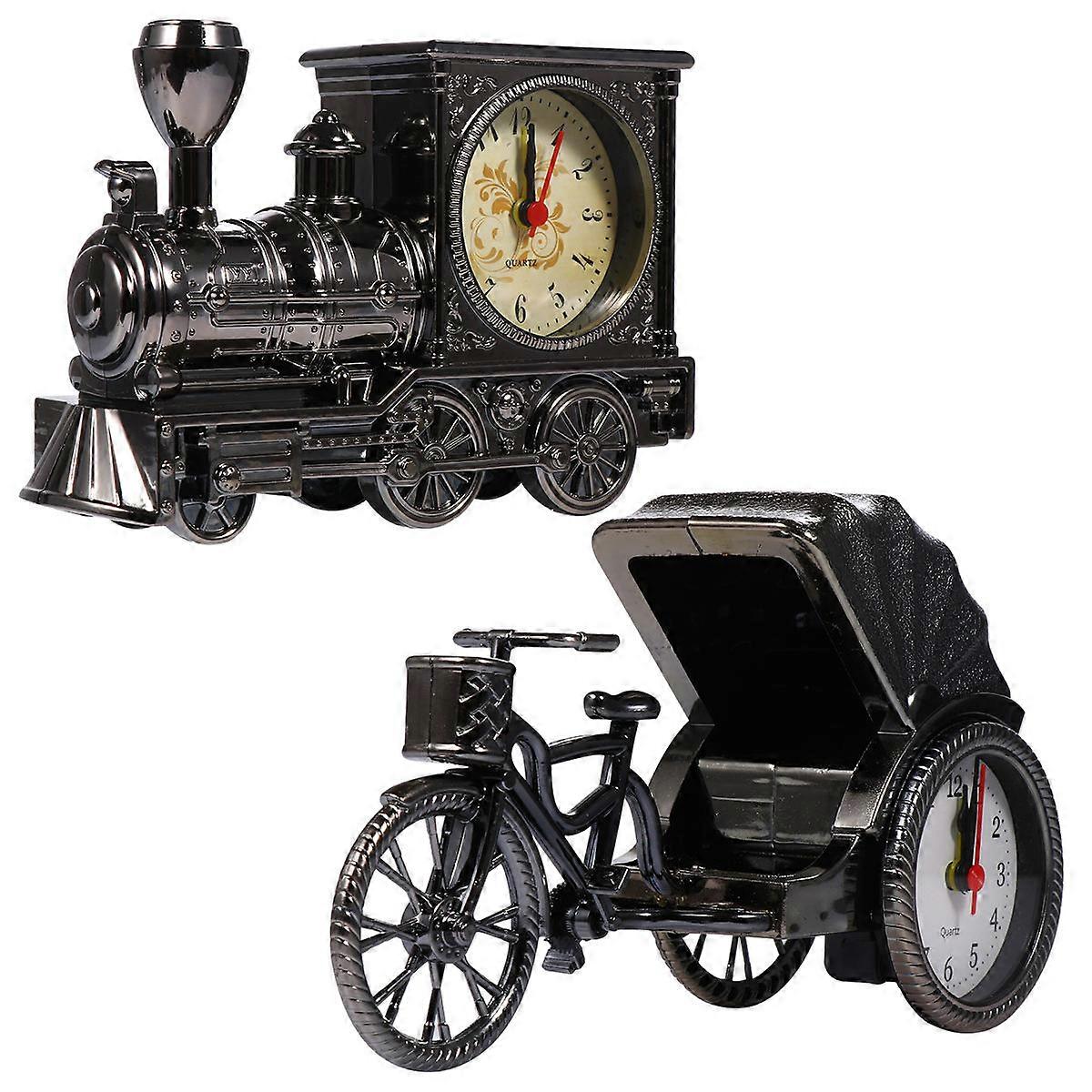 Retro Plastic Train Desktop Clock, Silent Non Ticking Movement, Simple Home Decor Ornament for Bedroom Office Living Room – Black Gold Silver