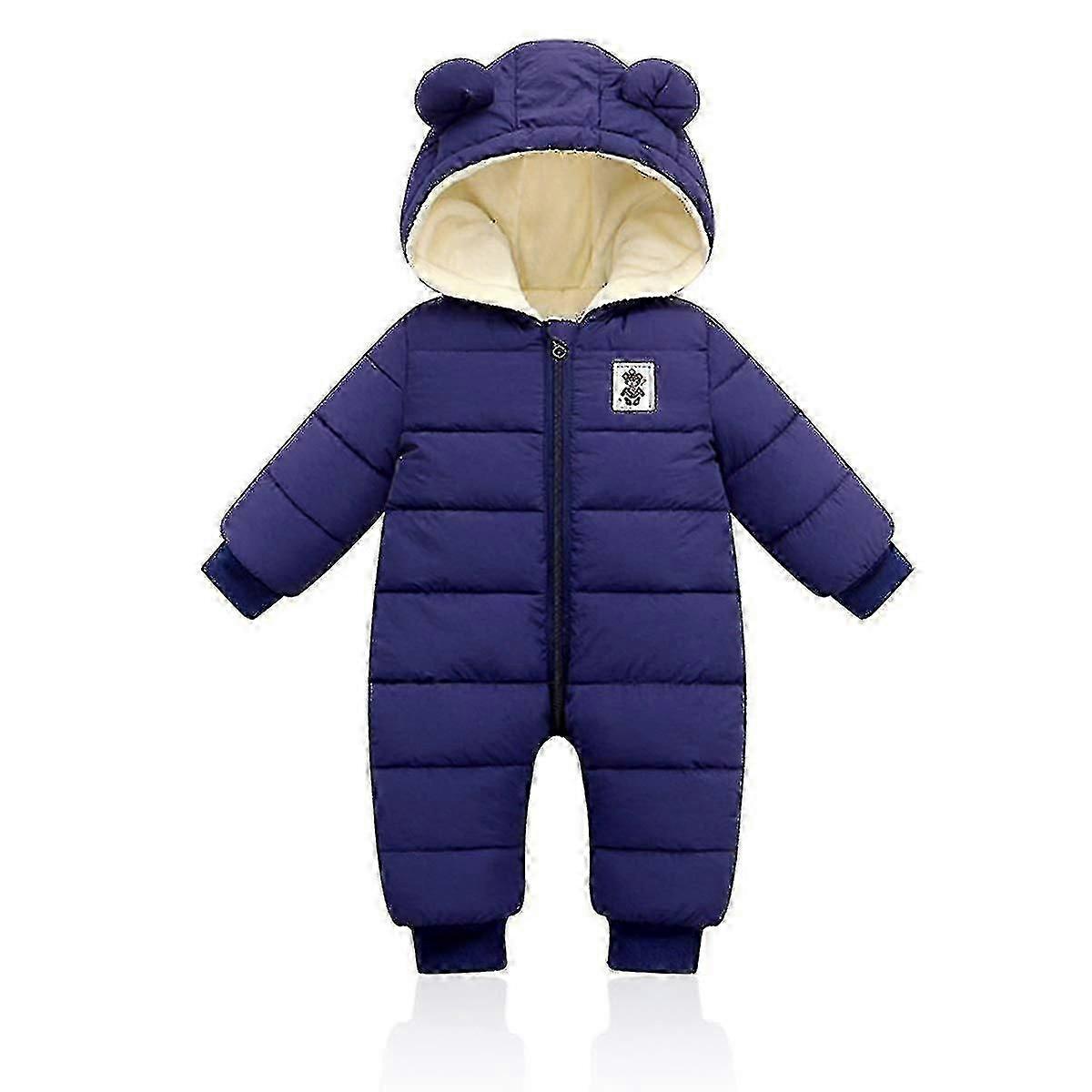 Baby vinterjumpsuit med huva, Romper snöoverall pojkar flickor långärmad jumpsuit varma kläder present (marinblå, 66 cm)