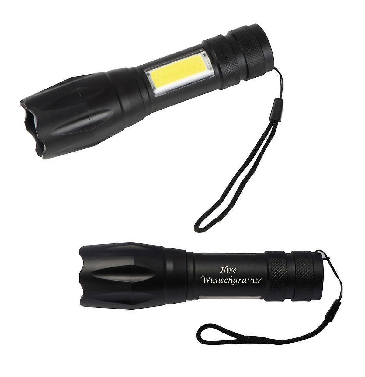 Torch with Battery and Engraving, Black Color, Additional Side Light Feature, Ideal for Camping and Outdoor Use