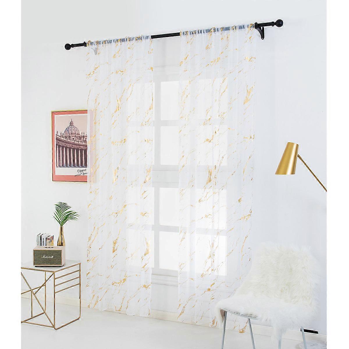 Curtains Marble Pattern Rod Shading Voile Minimalist Indoor Decorative Window Screening 100x200cm Golden Privacy Protection 1Pc