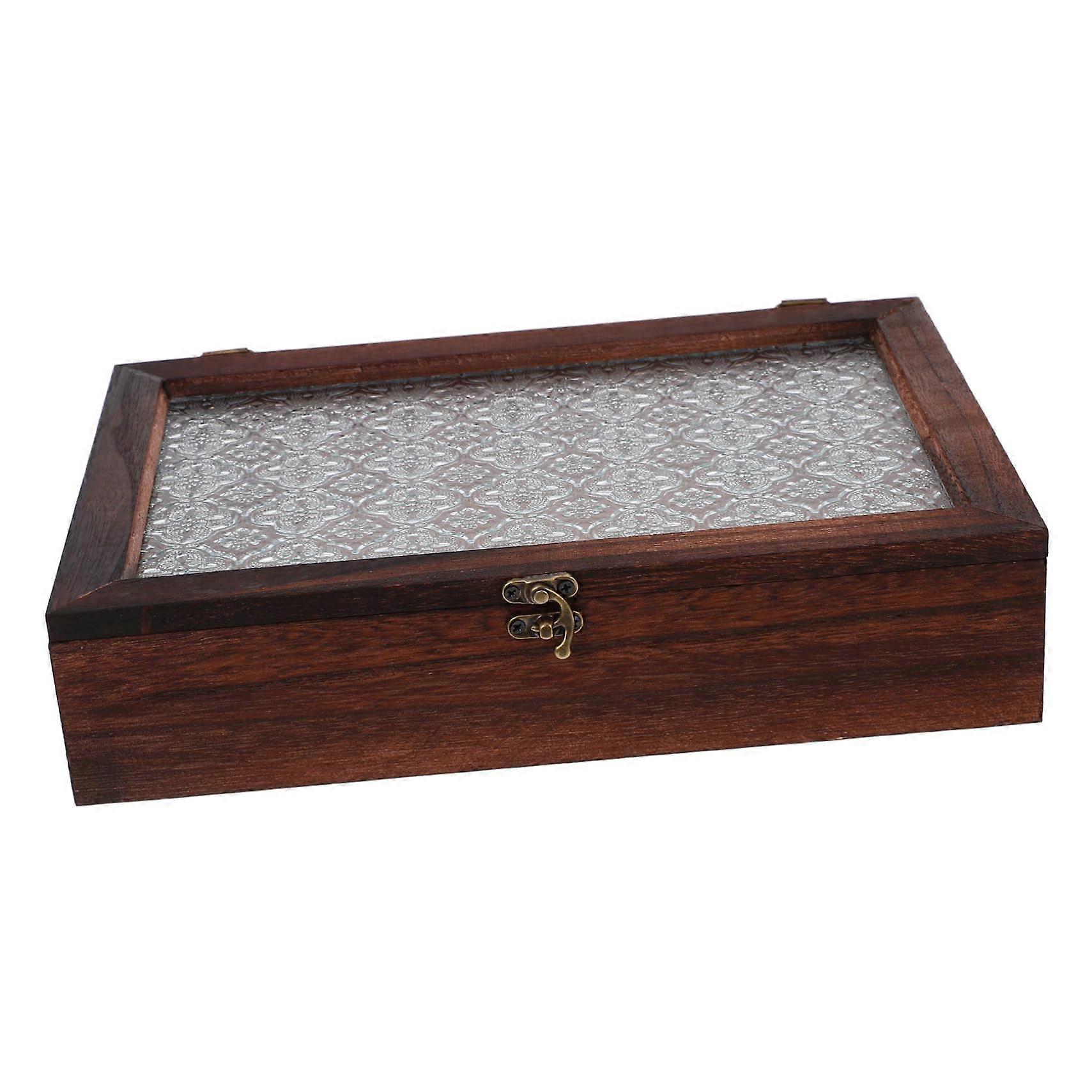 Wooden Storage Cabinet for Tea Bags and Jewellery Display Case with Glass Top, Organiser Box for Tea and Accessories