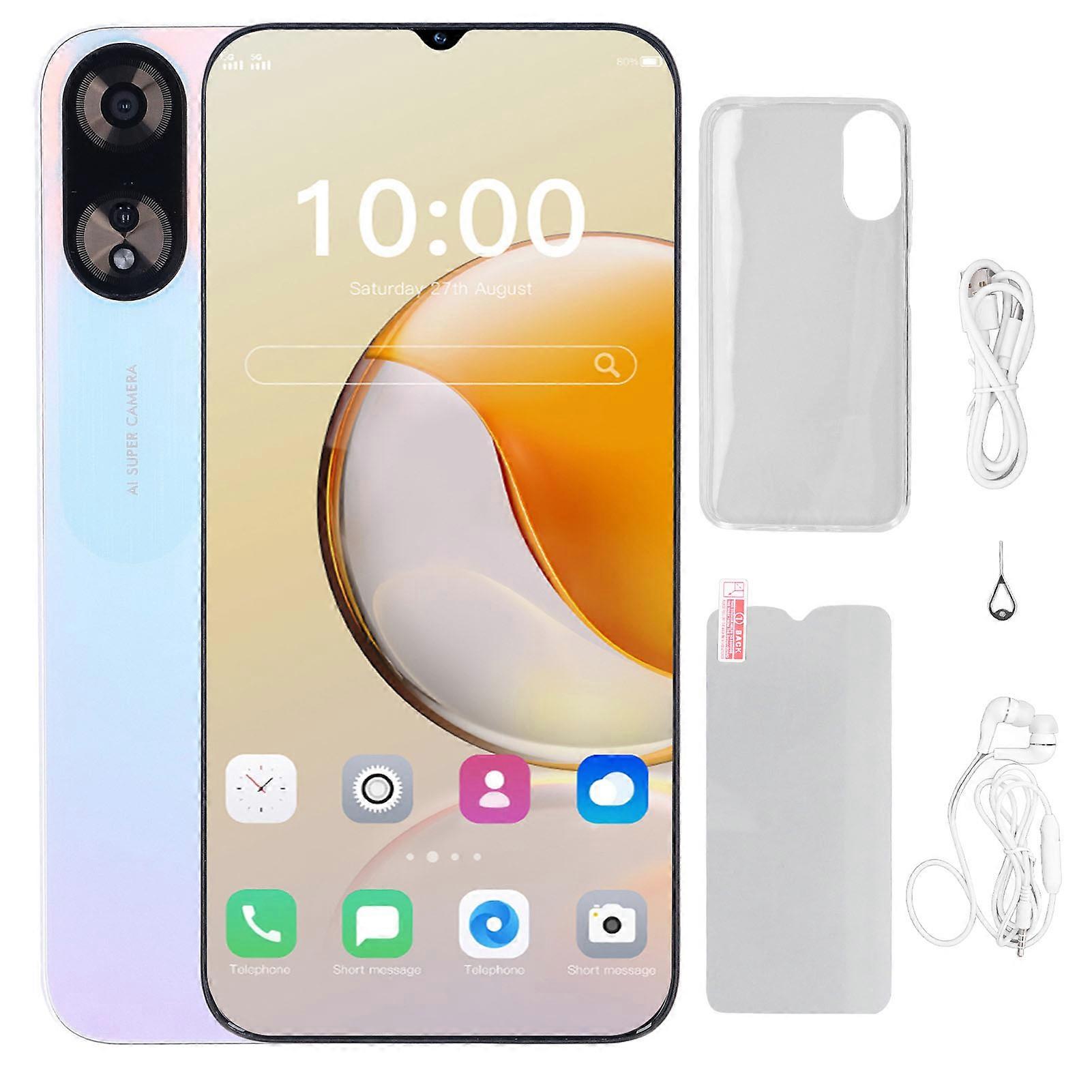White 6.3" Android 14 Smartphone - Dual SIM, 4G, 64GB, Dual Cameras, Unlocked, Quad Core