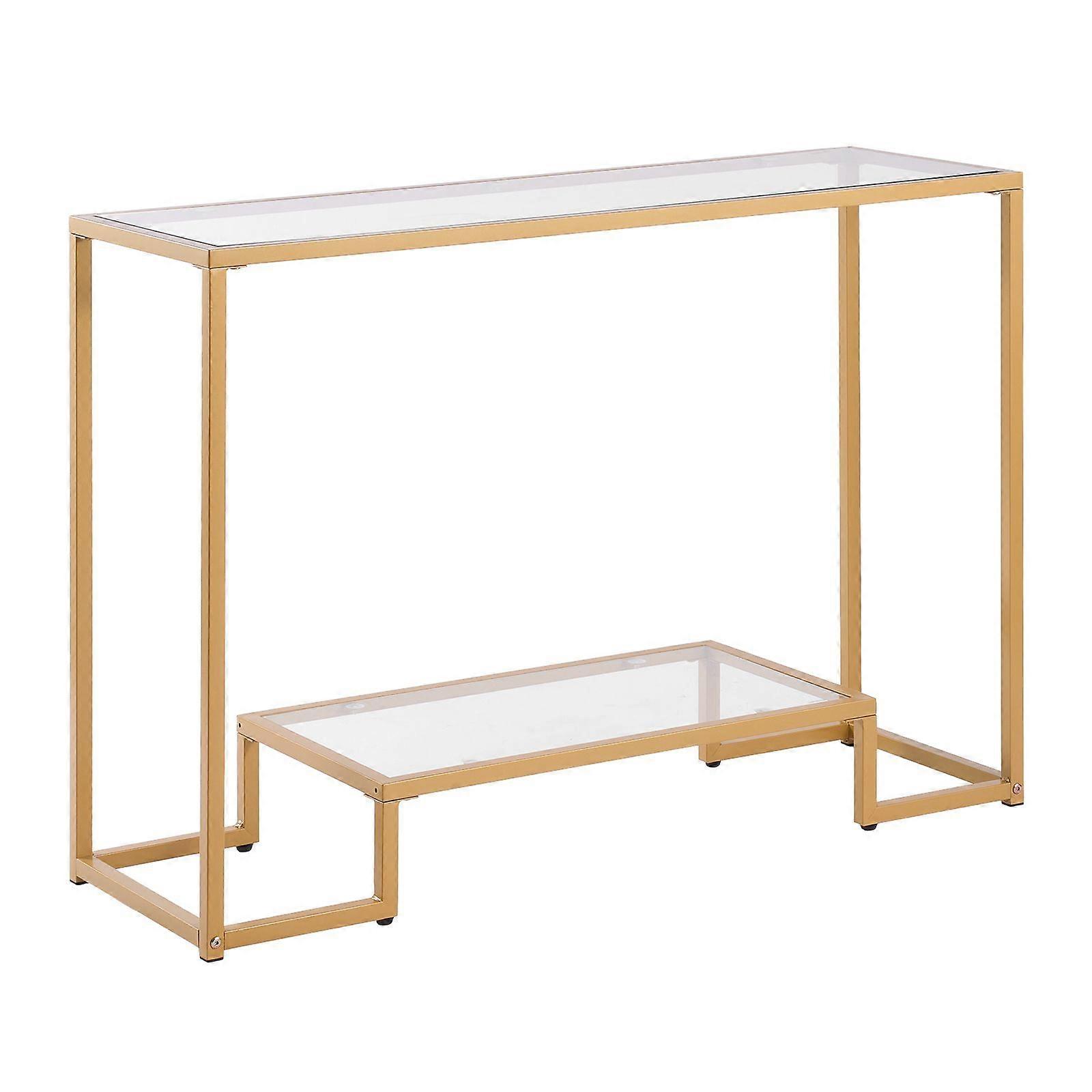 2-Tier Glass Console Table, Golden Consloe Desk with Anti-Tip Device for Living Room, Hallway, Entryway, Foyer, Golden