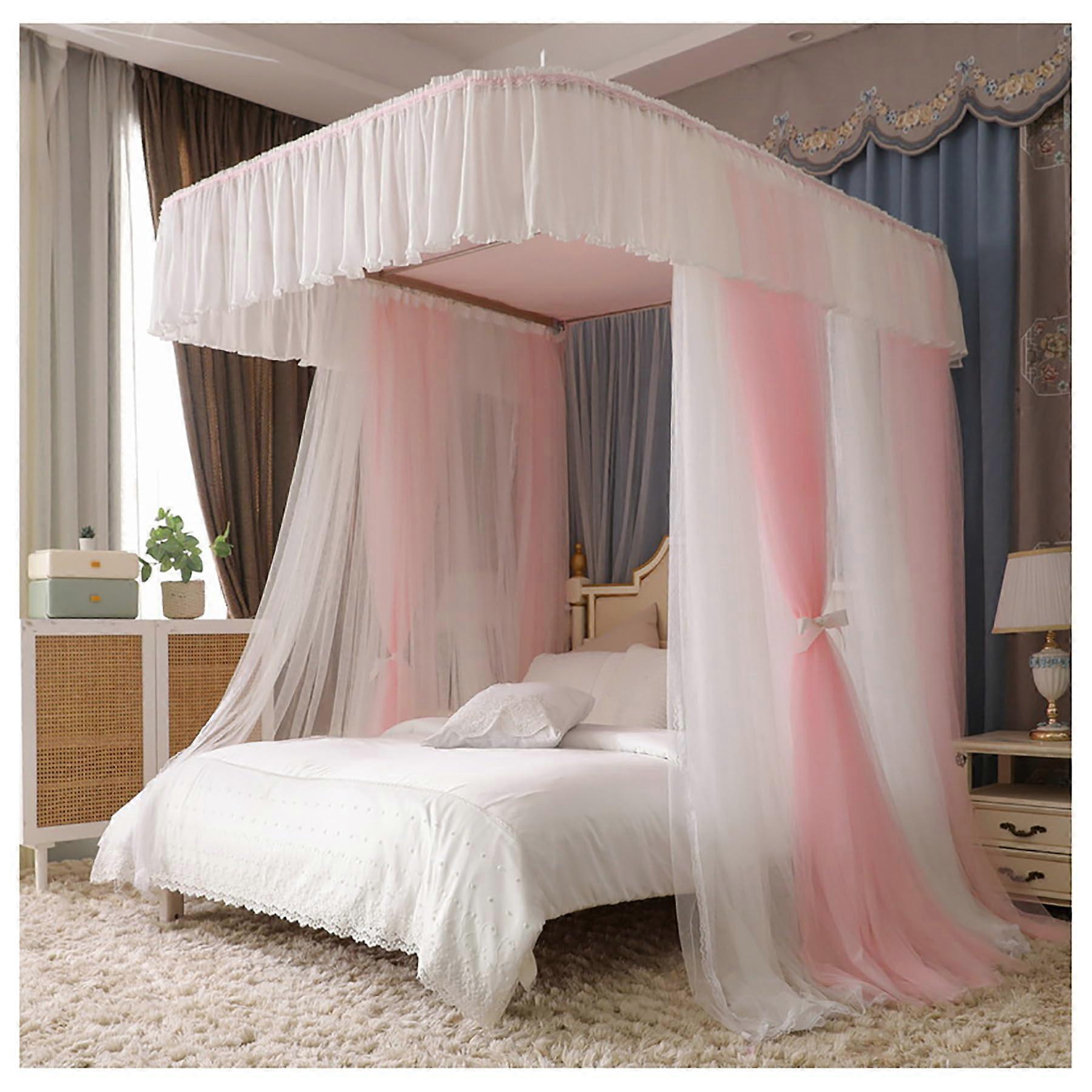Ushaped bed canopy with doublelayer mosquito net and support rods, Pink, Queensize curtain frame for bedroom, decoration and protection Rose Queen