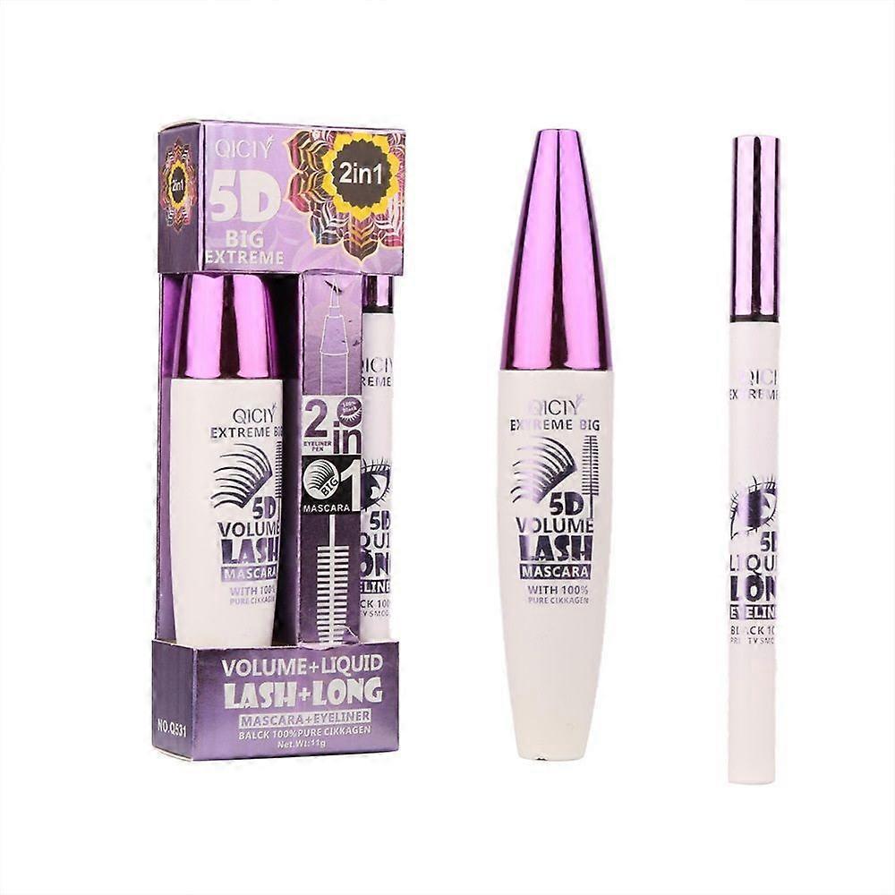5D Black Silk Fibre Mascara and Liquid Eyeliner Set, Waterproof and Smudge-proof Liquid Eyeliner, Durable Volumising Curling Extension Eyelashes Masca