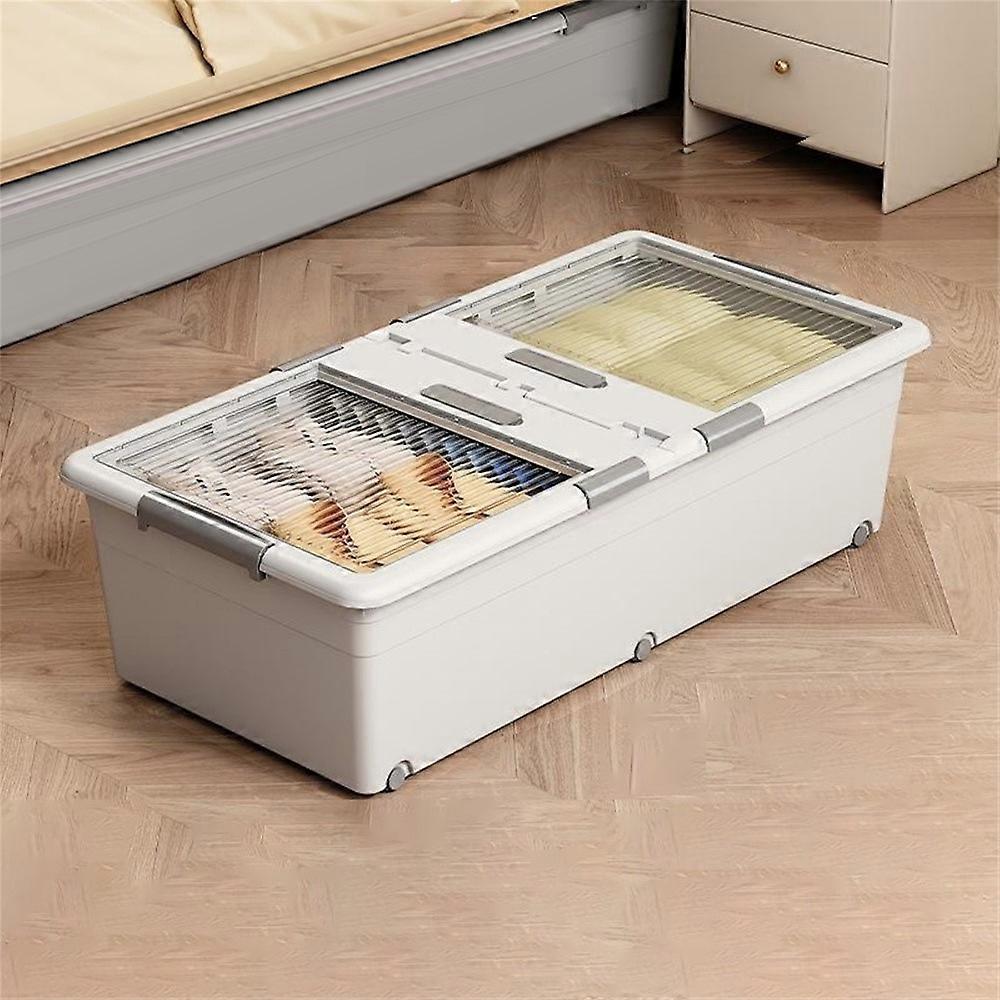 Under Bed Clothes Bedding PP Storage Box Foldable Double-Sided Lid Dustproof Organizer with Wheels, 100x50x28.5cm White