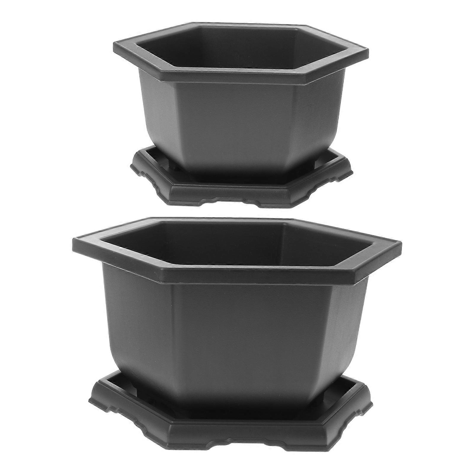 Succulent Plant Pot with Tray 2 Sets Miniature Flowerpot for Home Use Dark Grey PP Material