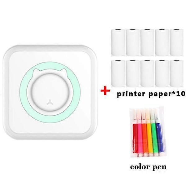 All-in-one Mini Printer Portable Multifunction Photo Printer 10 Rolls Paper Addition of Color Pens Green