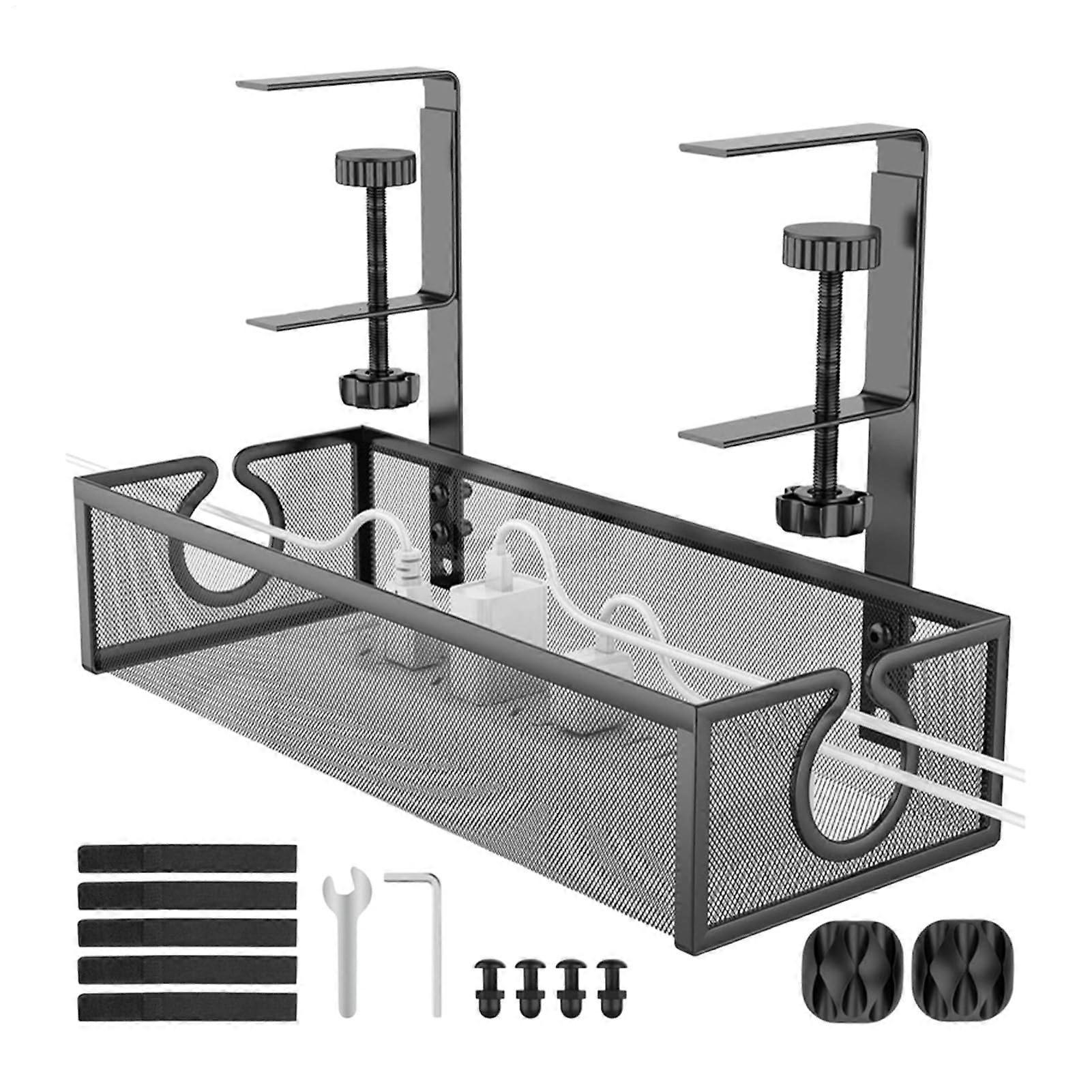 Cable storage for desk, multifunctional metal tray with mesh design, black