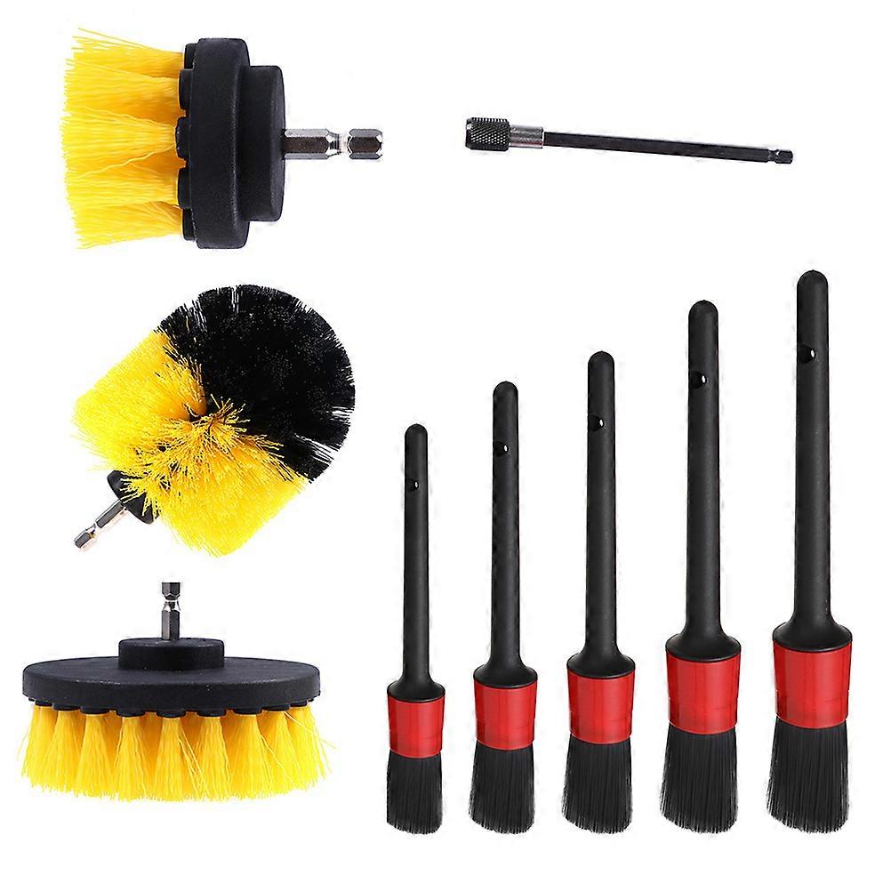 9Pcs Cleaning Brush Set For Upholstery Cleaning And Tile Cleaning In Bright Yellow Color With Cylindrical Shape Designed For Scrubbing
