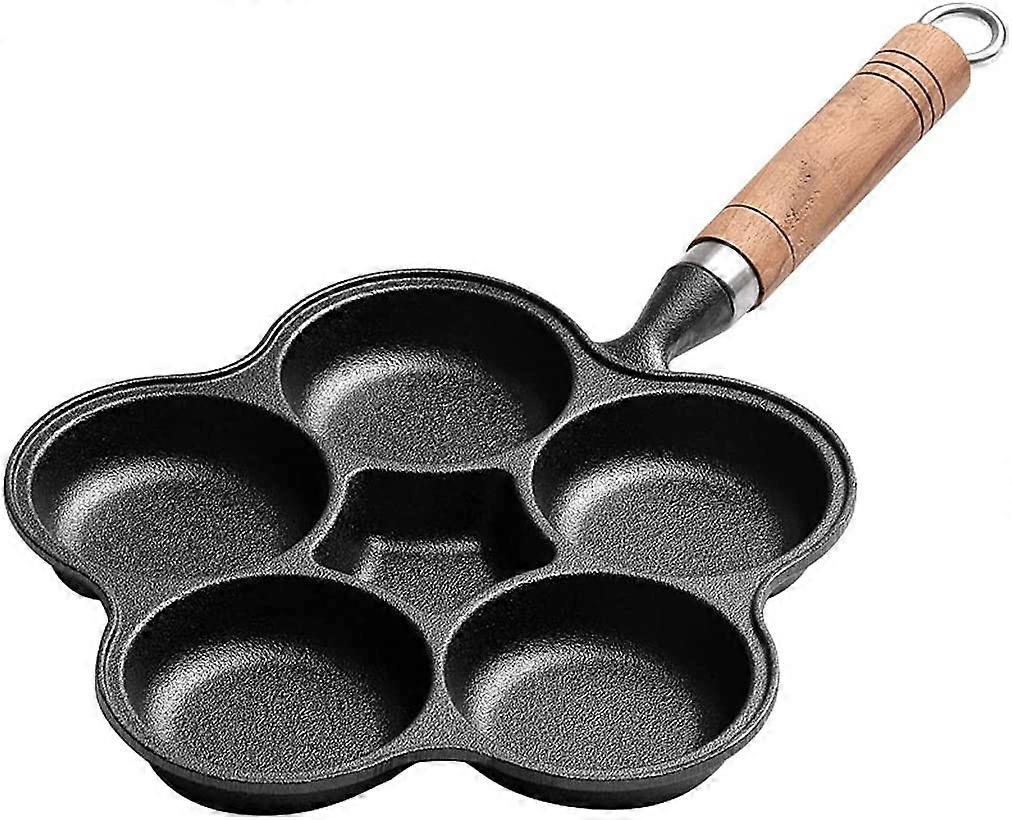 Cast Iron Omelette Pan with 5 Holes, Non-Stick Fried Egg and Pancake Pot, Durable Breakfast Cookware, 10-Inch Size