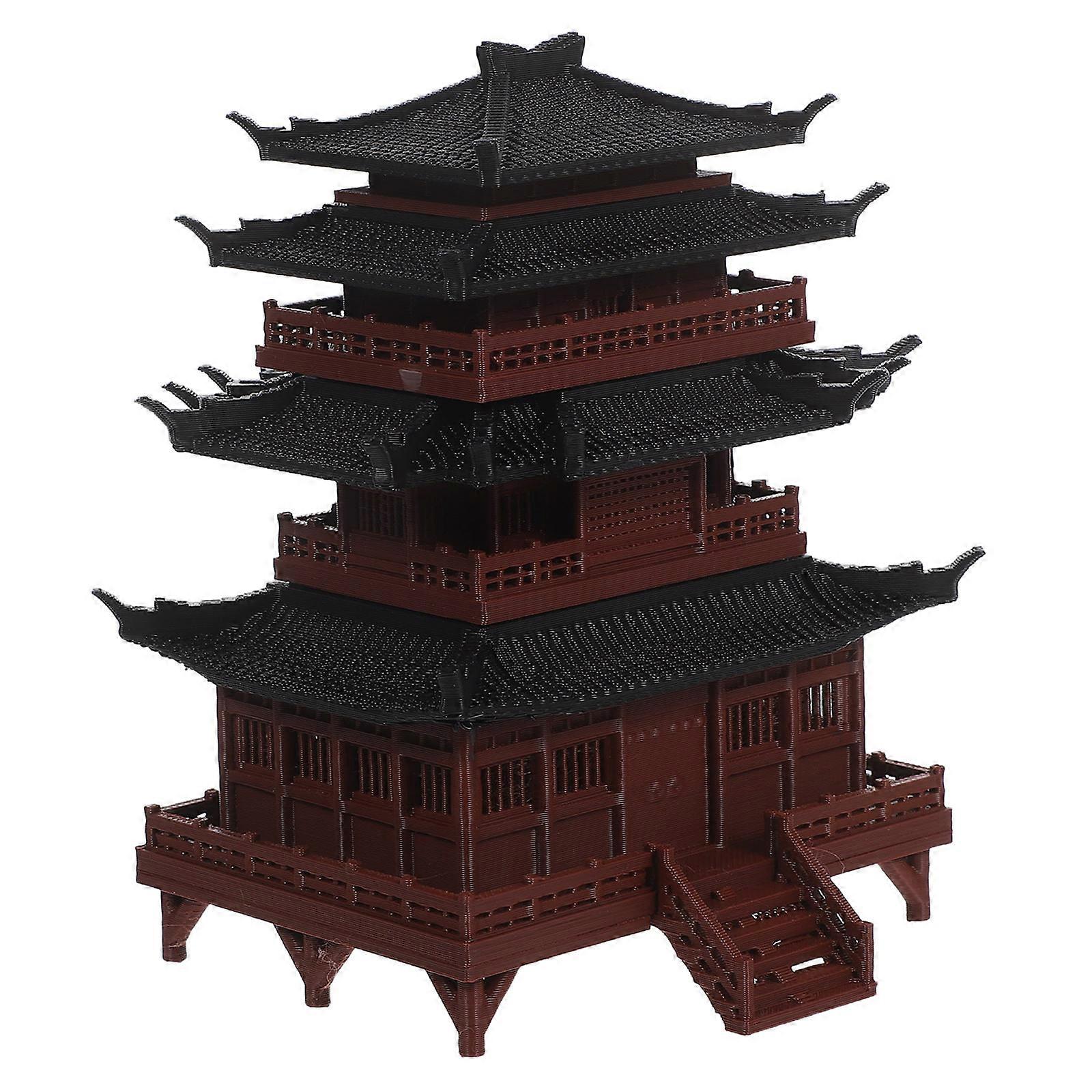 Ancient Building Statue Mini Pavilion Model for Decoration Brown Plastic