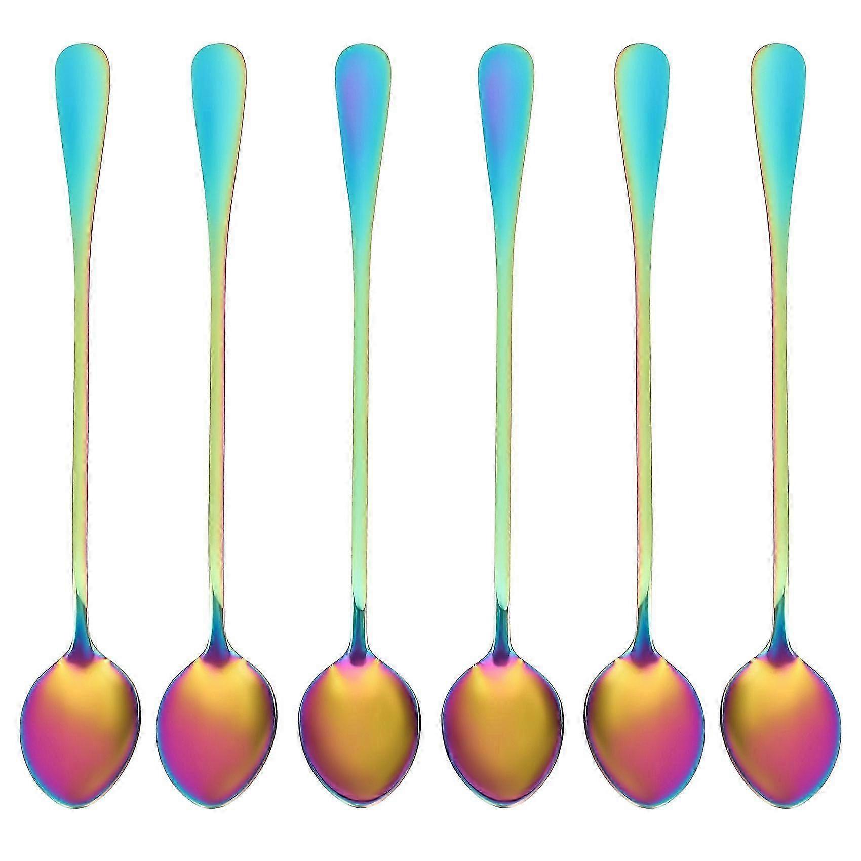 Coffee Teaspoons, Set of 6 Rainbow Color Coffee Spoon Long-Handle Ice Cream Desert Spoon Cocktail Stir Spoons Mixing Spoon, Pointed Head