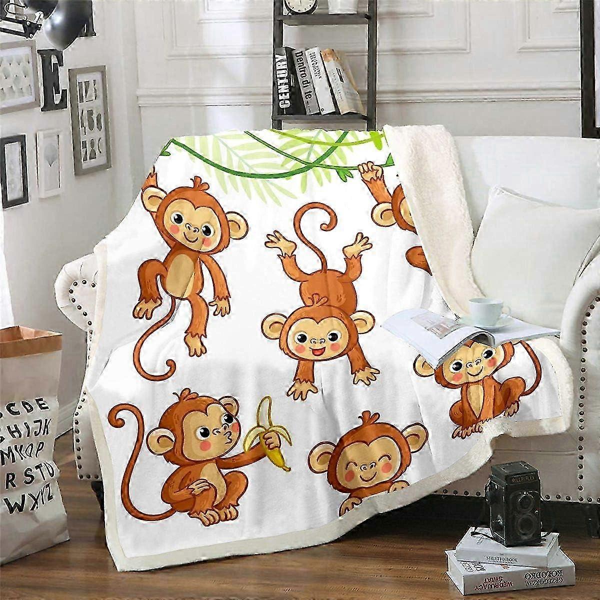 Plush Sherpa Blanket Featuring Monkey and Banana Design - Soft Fuzzy Wildlife Pattern for Kids