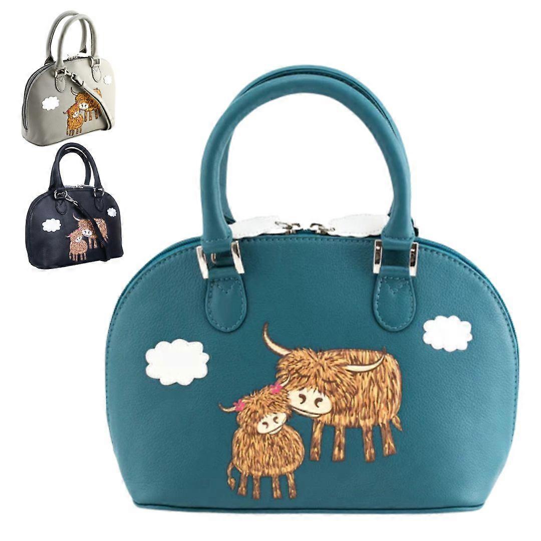 Mala Leather Bella Zip Round Grab Bag Medium Genuine Leather Handbag with Highland Cow Mother Calf Applique Detachable Shoulder Strap 28 x 19 x 10