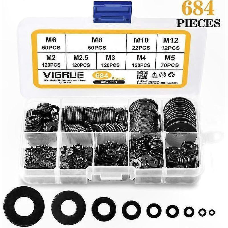 Stainless Steel Washers Assortment - 684 Pieces in 9 Sizes (M2-M12) Flat and Lock Washers Black Finish Tool Kit Accessory