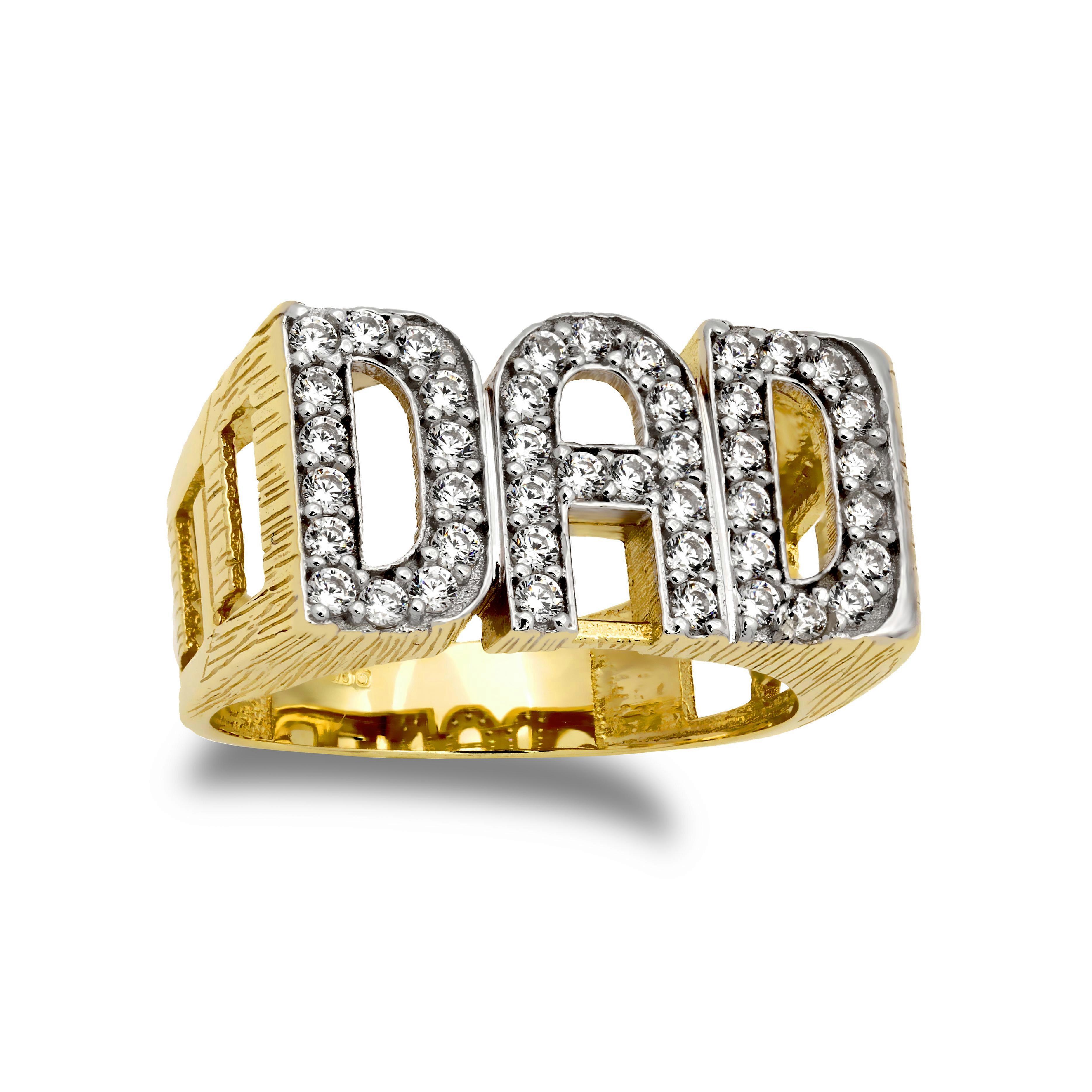 Jewelco London 男士纯 9 克拉黄金白色圆形明亮立方氧化锆 Curb Link 侧面 DAD 戒指