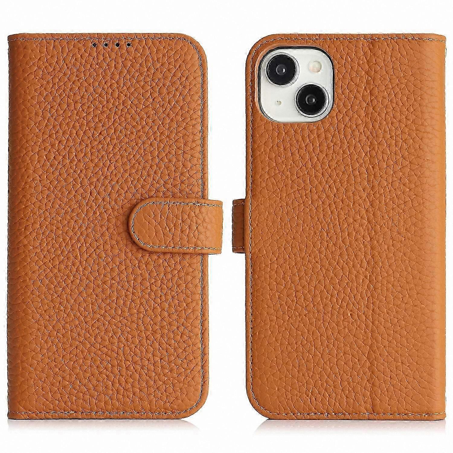 Genuine Cowhide Leather Phone Case with RFID Protection and Litchi Texture for Wallet and Stand Function - Compatible with 13 & 14 Models