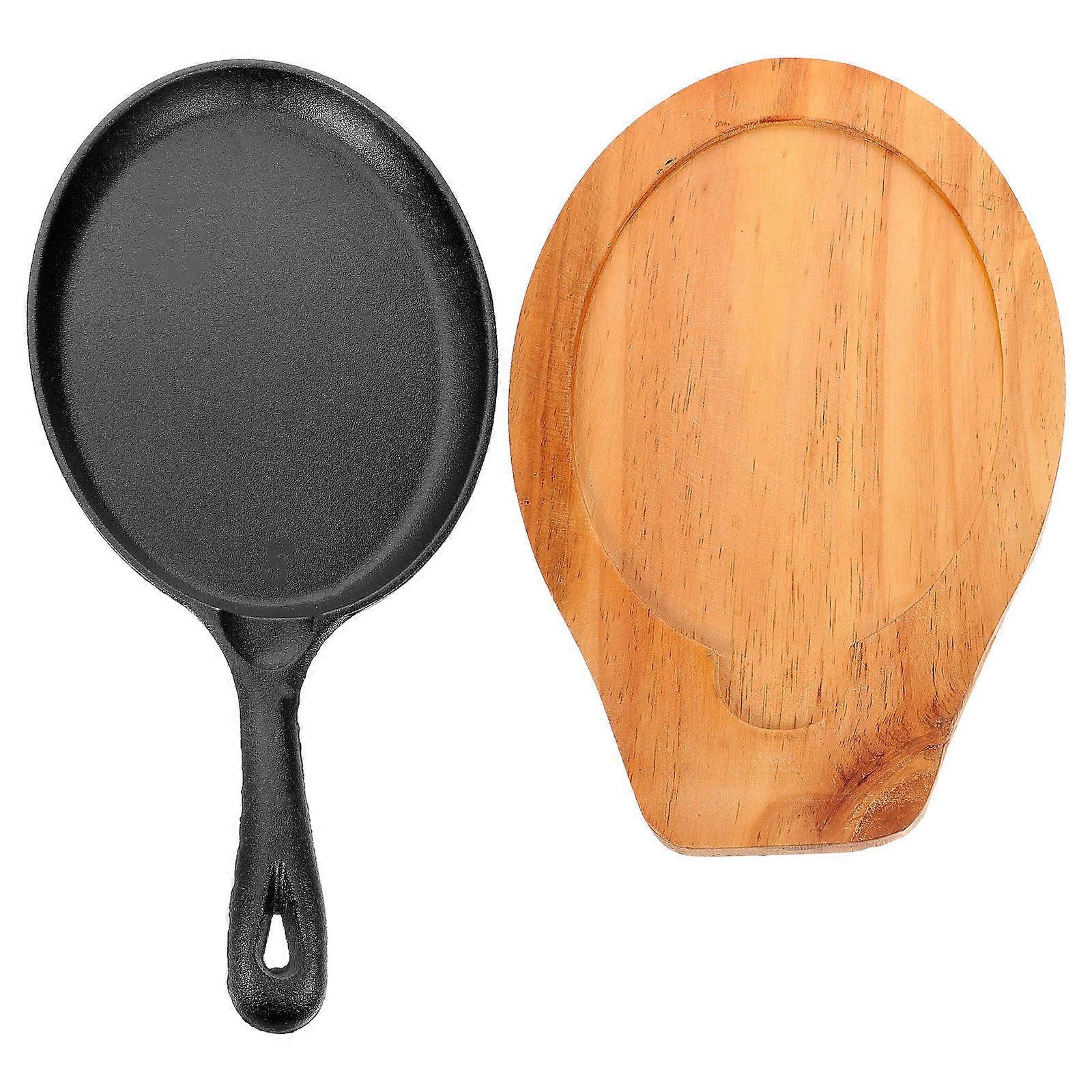 Cast Iron Frying Pan with Wooden Base for Daily Use Cooking 2Sets